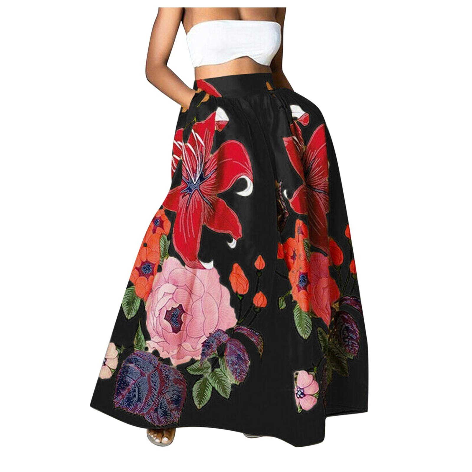 Women's Vintage Paisley Floral Printed A Line Maxi Skirt with Pockets High Waist Long Skirt for Party Work Office(Black,Large)