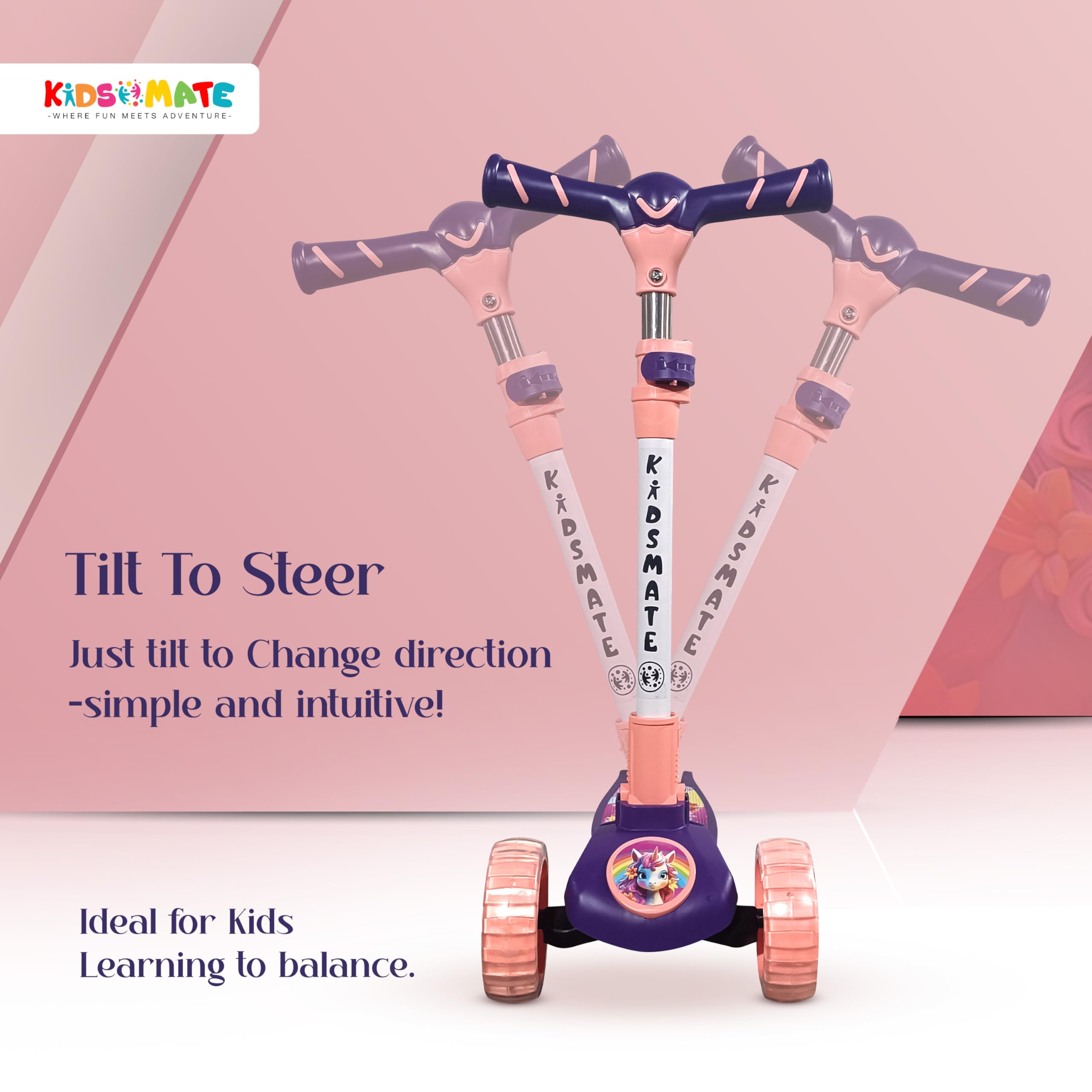 Kidsmate Spartan Kick Scooter with Broad PU LED Wheels | 3-Wheel Skating Scooter for Boys & Girls of Ages 2-12 Years | Level Adjustable Height, and Easy Fold Design (Pink-Purple) 3