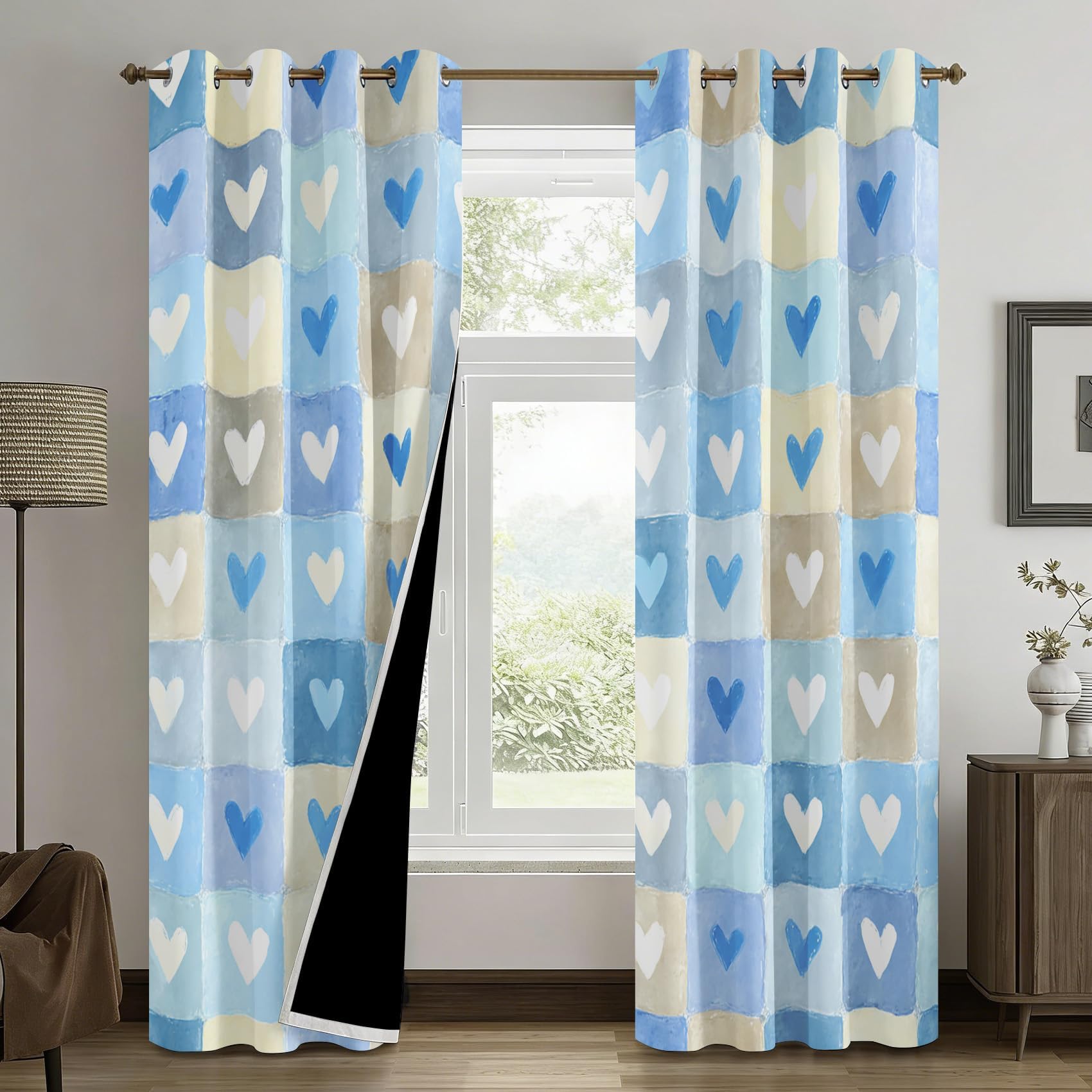 Karierte Herzvorhänge 117 x 229 cm (B x H) Blaue Herz Blickdicht Vorhänge für Wohnzimmer und Schlafzimmer, Thermovorhang 2er Set