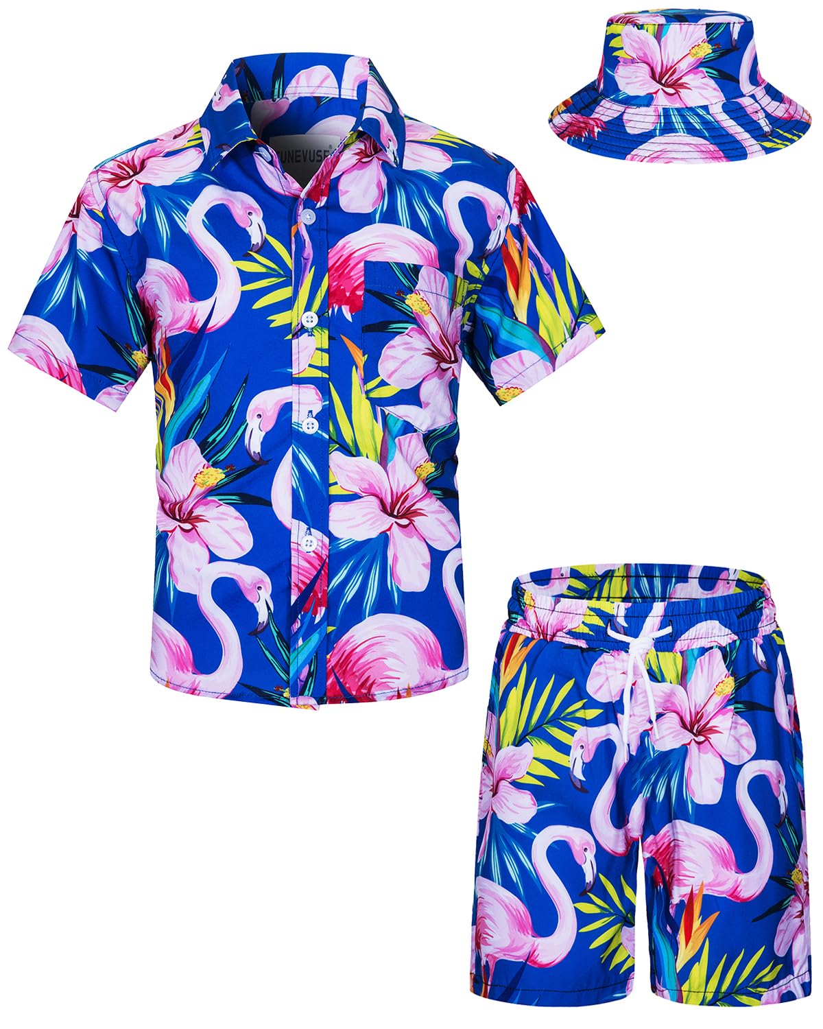 TUNEVUSE Little & Big Boys Hawaiian Button Down Camicie e set corti con cappello alla pescatora abiti estivi stampati per bambini Cabana Set