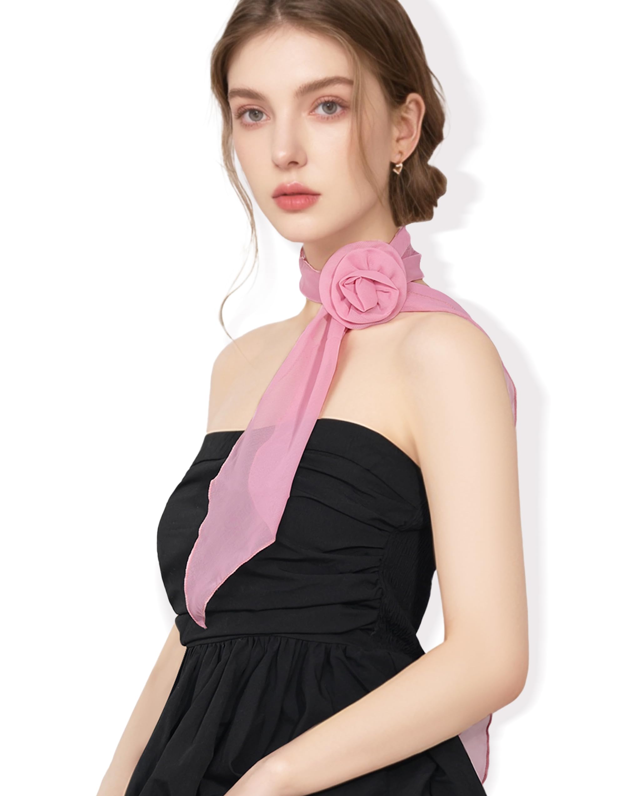 JENSVOIR Chiffon Scarf for Women, Removable Flower Neck Scarf Light Soft Fashion Rose Scarves Versatile Headband or Hair Band