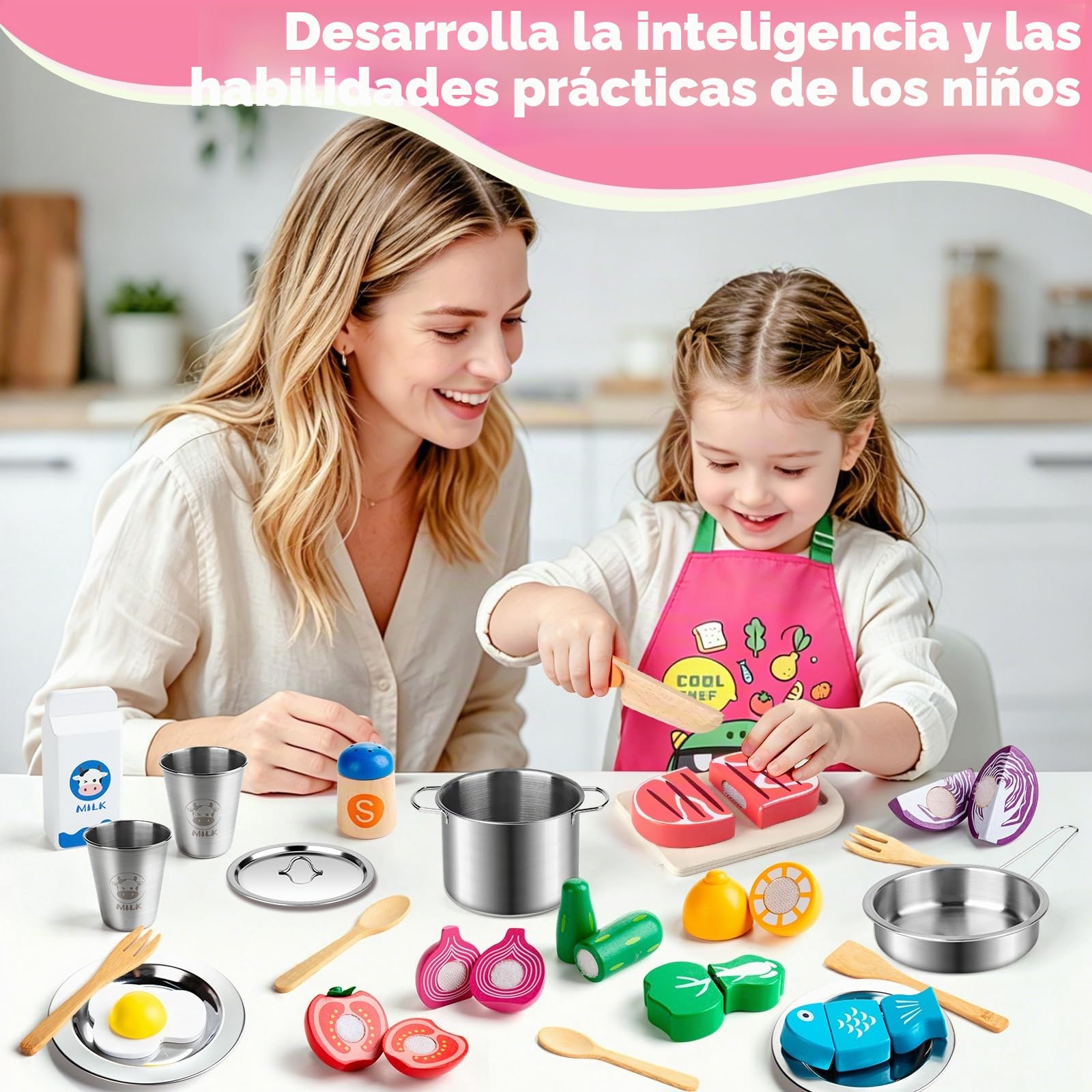 Sundaymot Juguetes de Cocina para niños Accesorios, juego de ollas y sartenes, utensilios de cocina, juego de chef para cortar alimentos verduras, juego de rol para niños mayores de 3 años