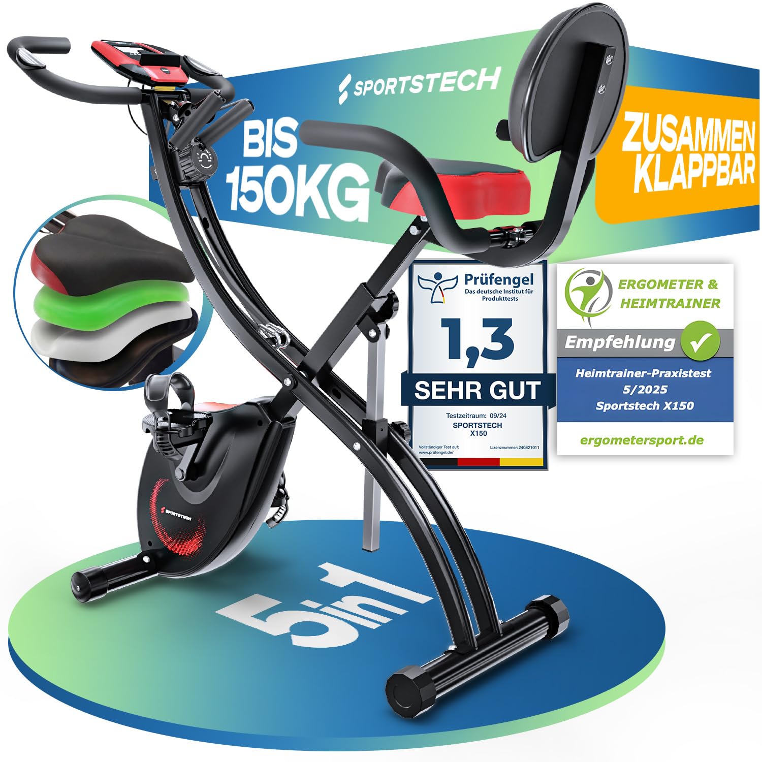 Sportstech Heimtrainer Fahrrad Klappbar X150 — 3in1 mit Liegeergometer, Power Ropes & Live-App | Bis 150 kg, 8 Widerstandsstufen, LCD, leise Magnetbremse | Indoor Bike für Senioren & Einsteiger