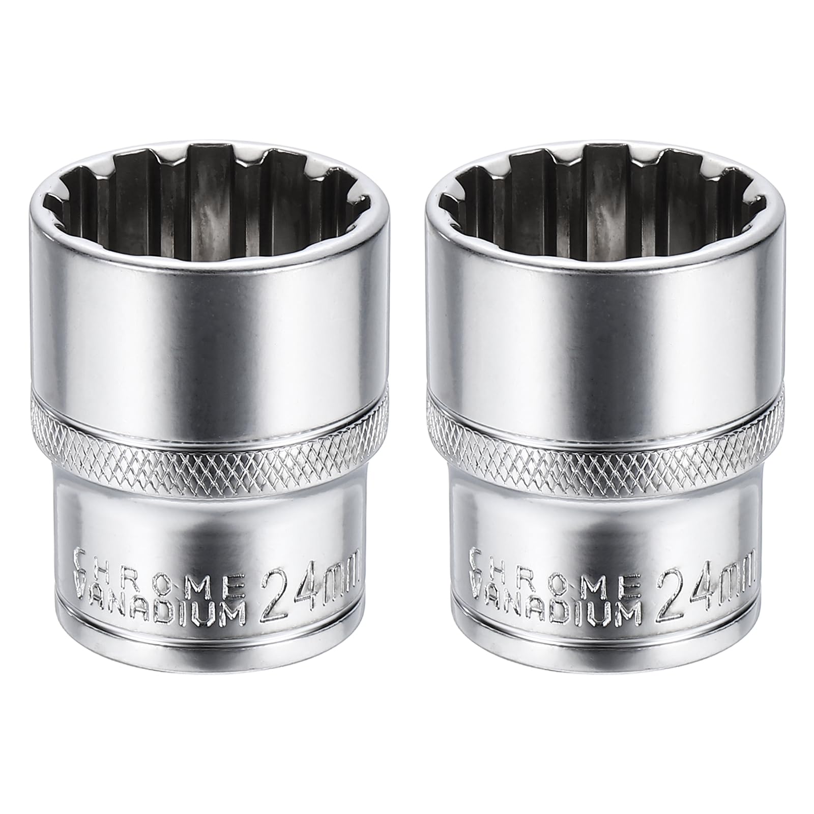 sourcing map 2pcs 12 Points Socket 1/2" Drive 24mm Metric Shallow Socket 1.6" (40mm) Long CR-V Steel Nickel Plating for Home Auto Nuts Bolts Repair โ image 1