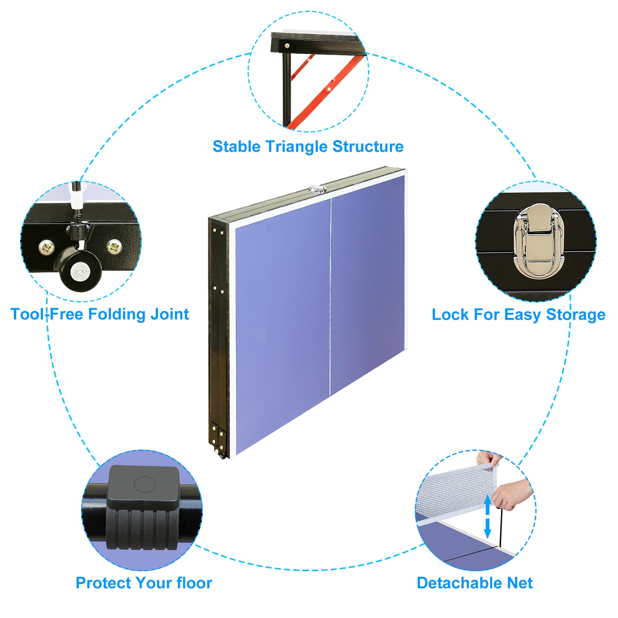 Tavolo da ping pong pieghevole da 137 cm, set da ping pong con rete e 2 racchette, pannello in MDF blu, gambe in metallo a forma di U, antiscivolo, salvaspazio, per interni ed esterni, bambini e