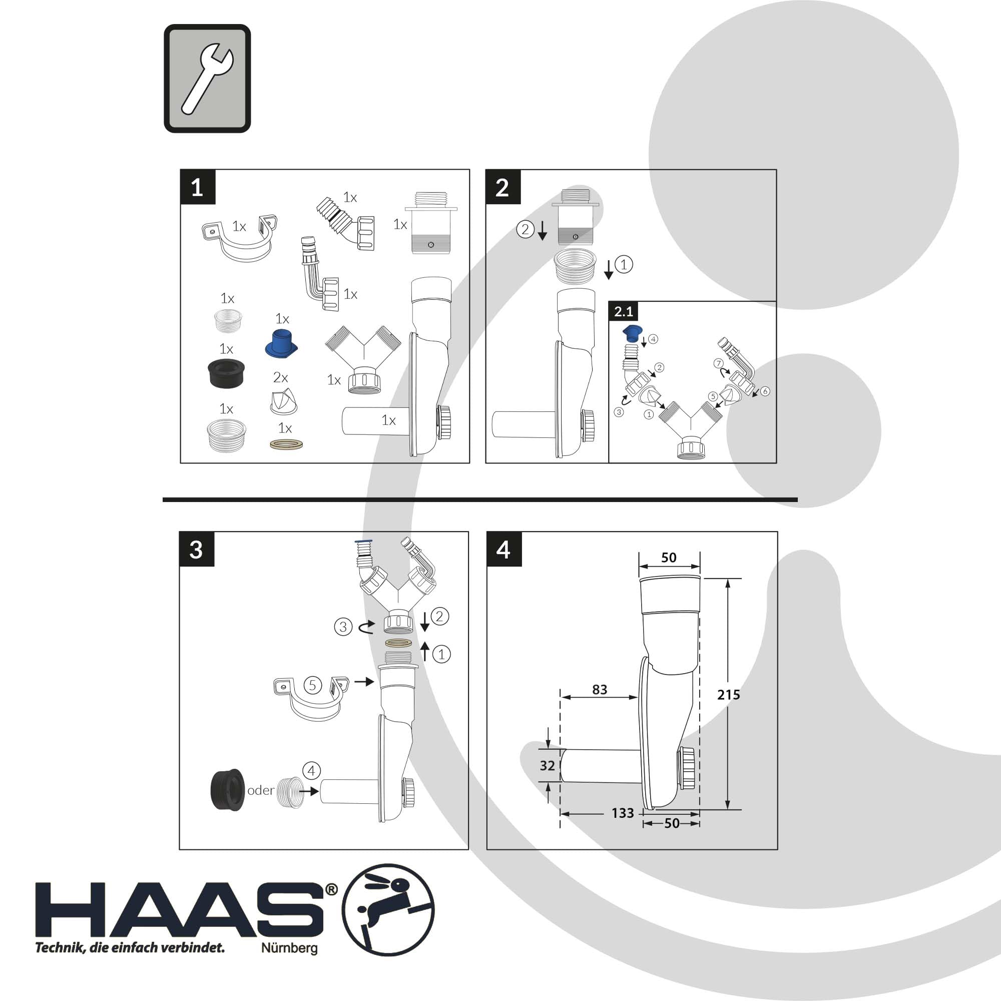 HAAS Raumspar-Geräte-Siphon 1952 - DN 32/40/50 mit Reinigungsöffnung, nach DIN EN 274