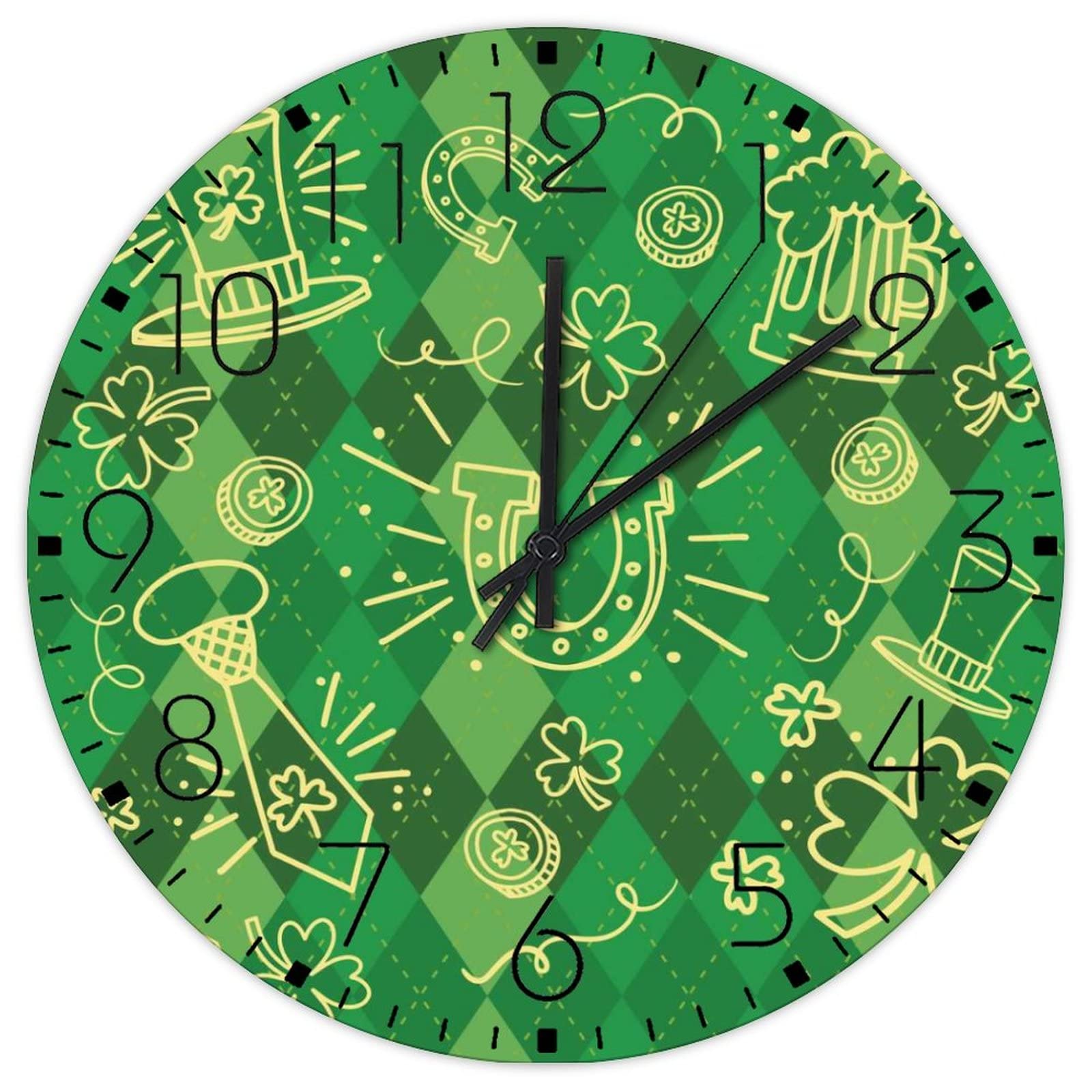 Horloge murale en bois sans tic-tac de style traditionnel avec trèfles de la Saint-Patrick