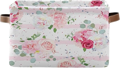 Cesta de almacenamiento plegable con asas de cuero, con estampado de flores florales, organizador para estante Bethroom, armario, oficina, hogar, 1