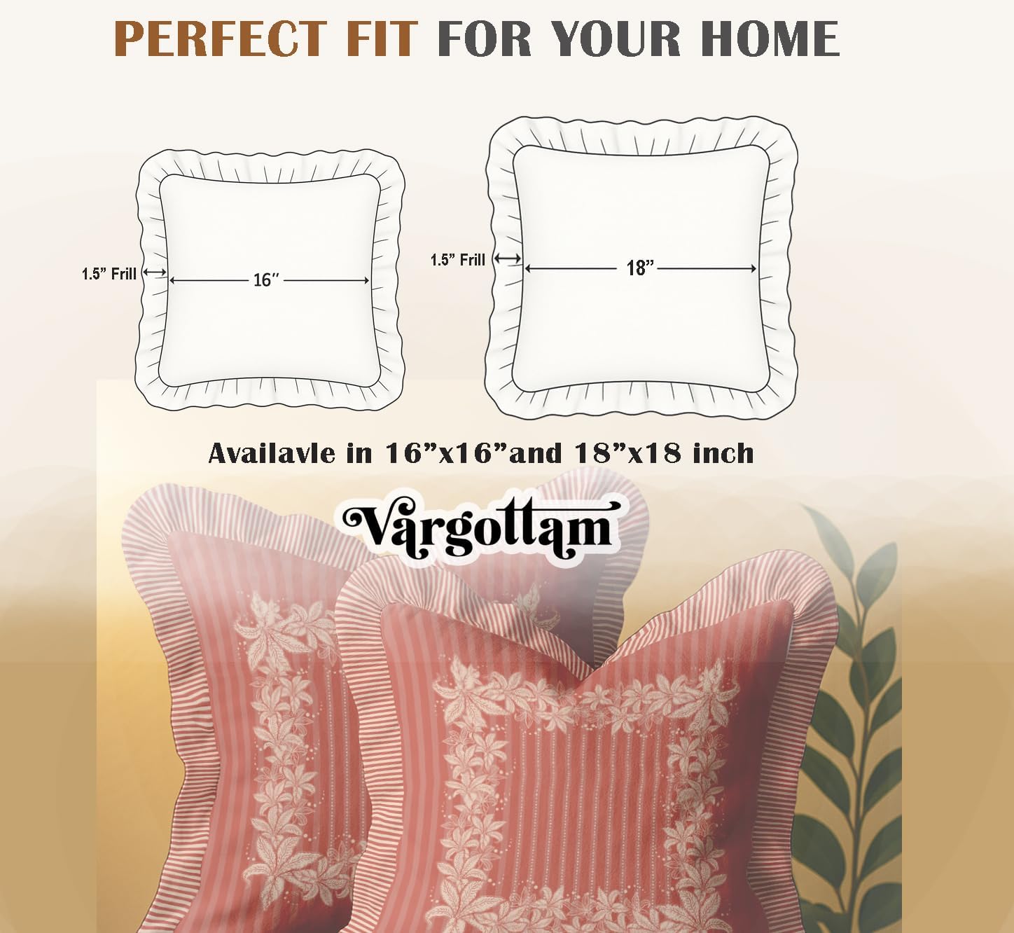 Premium Cotton Frill Cushion Covers Set of 2, 18x18 Inches, Double Printed, Floral Design, Durable Twill Fabric, Farmhouse Look, No Fillers