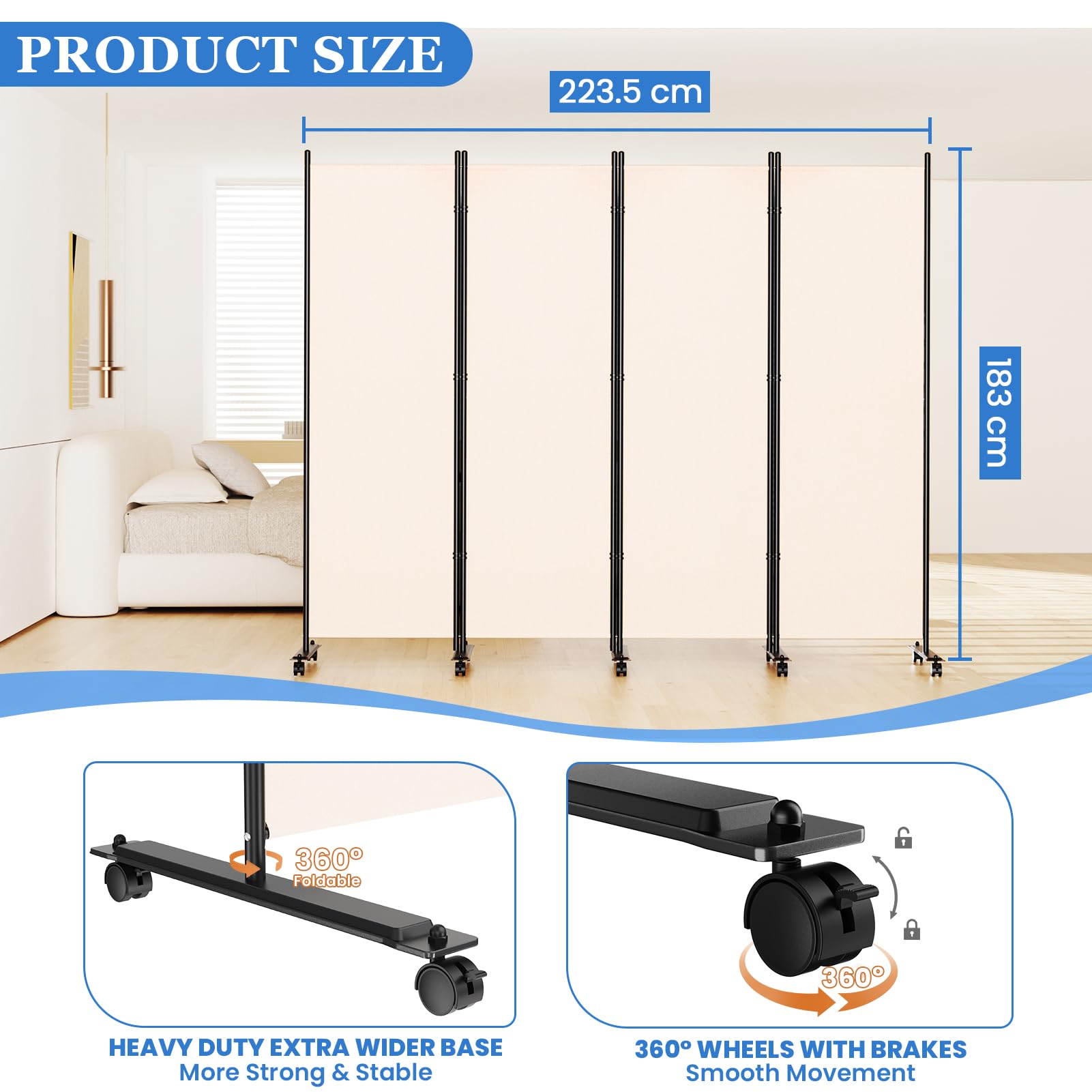 WELDUN Paravent de pièce à roulettes - 4 pièces - 223,5 x 183 cm - Brise-Vue Pliable - Cloison de séparation Amovible - Blanc
