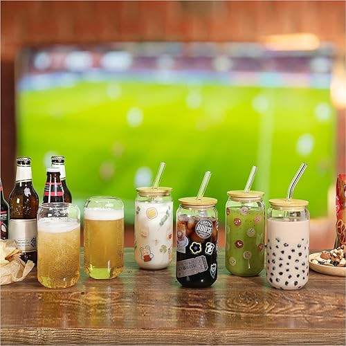 Vista 3 de NETANY Juego de 8 piezas: vasos para beber con tapas de bambú y popote de vidrio, vasos de vidrio de 16 onzas, vasos de cerveza, vasos de café