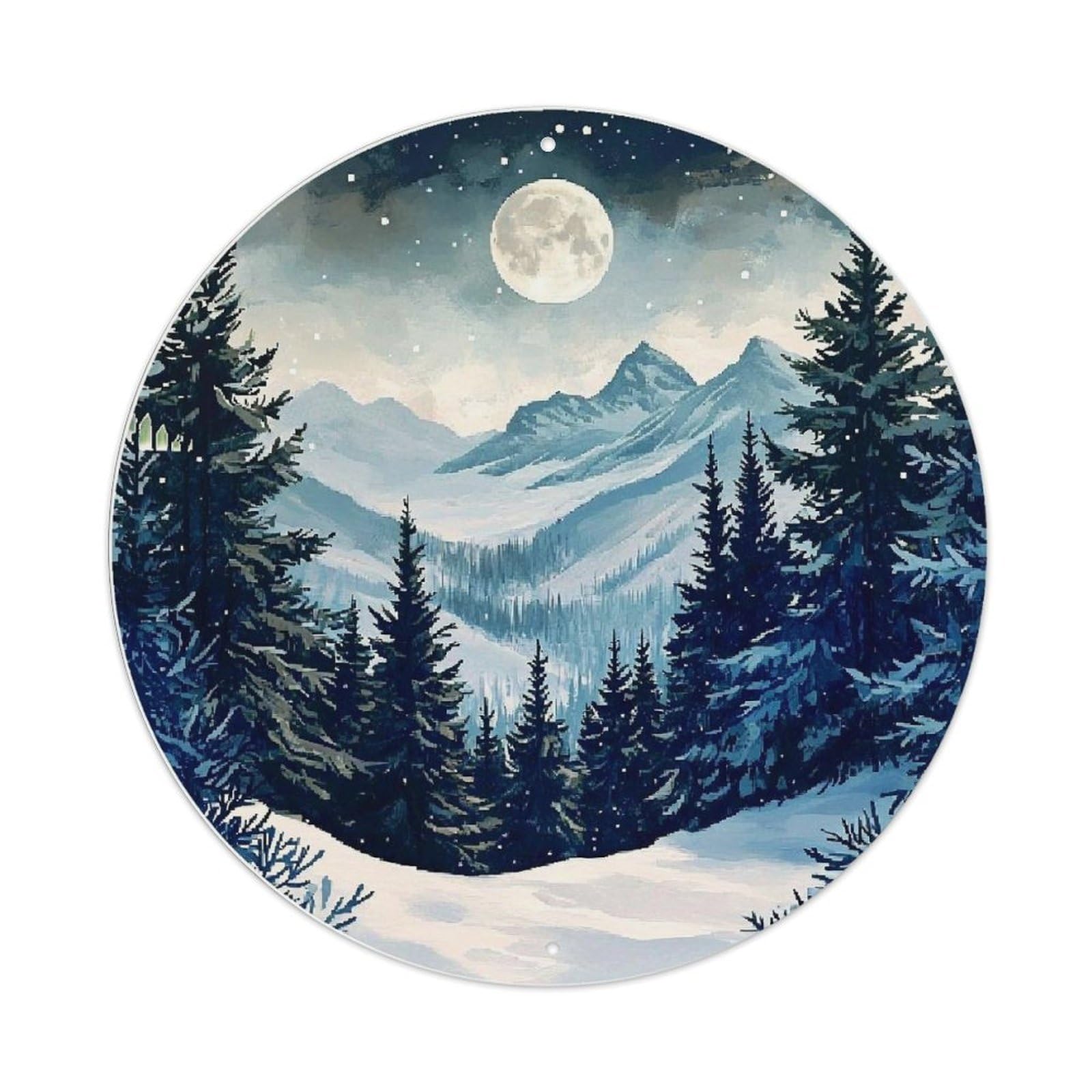 Moonlit Mountain Forest Scene Night Vintage Round Tin Sign Retro Metal Wall Decor Metal Poster, Home Bar Garage Cafe Wall Art Decoration 8x8Inches