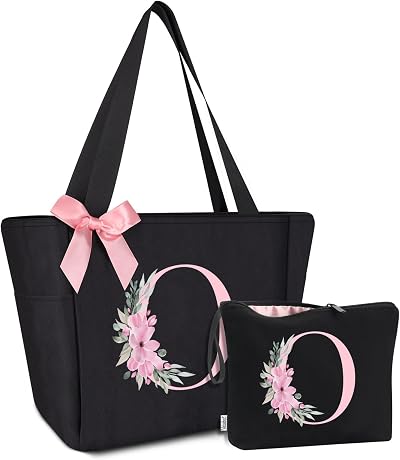 Vavabox Sac Cabas Personnalisé avec Initiale A-Z, Cadeau Imperméable pour Femmes, Demoiselles d'Honneur, Maman, Enseignantes, Amies (O, Noir 2 Pièces)