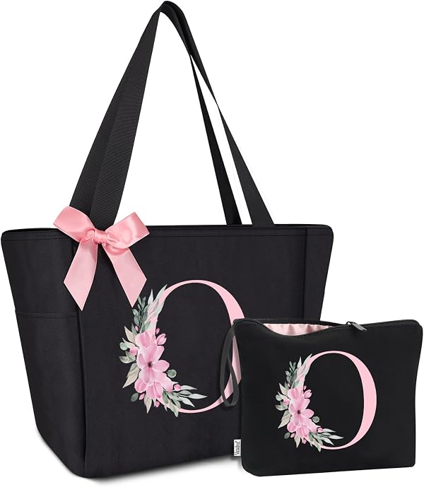 Vavabox Sac Cabas Personnalisé avec Initiale A-Z, Cadeau Imperméable pour Femmes, Demoiselles d'Honneur, Maman, Enseignantes, Amies (O, Noir 2 Pièces)