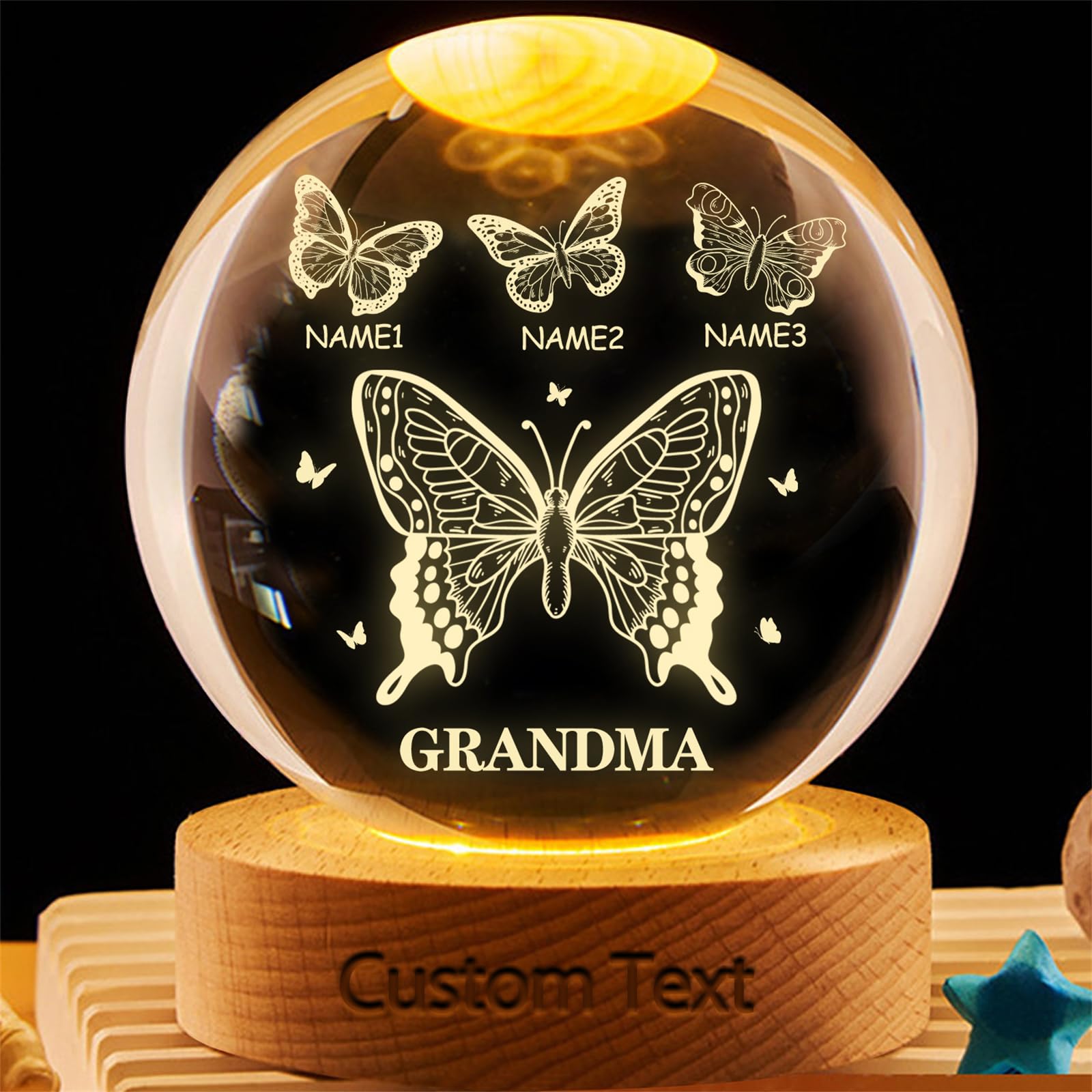 Wasetell Personalized Grandma Butterfly Crystal Ball Lamp Custom Grandma Ball Night Light with Grandkids Names Family Keepsake Gift from Grandkids Memorial Home Decor Mothers Day Birthday Decor,01