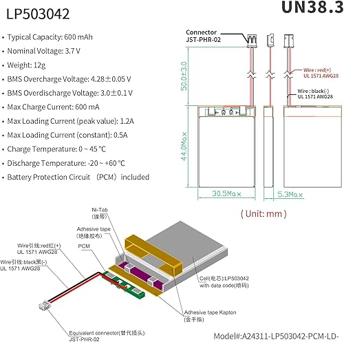 Miniatura 2 de EEMB 3.7V Lipo Batería 600mAh 503042 Batería de iones de polímero de litio recargable con conector JST Asegúrese de que la polaridad del dispositivo