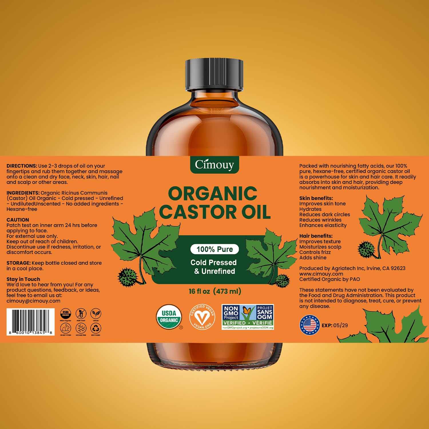 Cimouy USDA Organic Pure Castor Oil, 16 fl oz Amber Glass Bottle