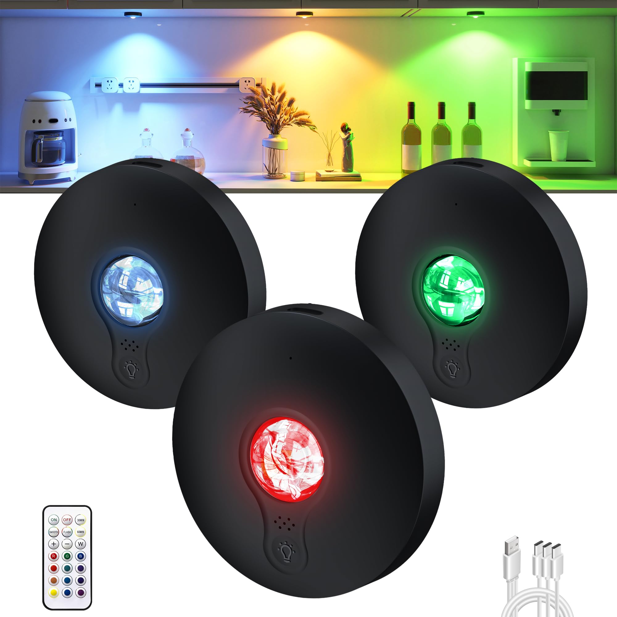 Rechargeable RGB Puck Lights,13 Colors Changeable LED Puck Lightings Remote Controls,6Pack LED