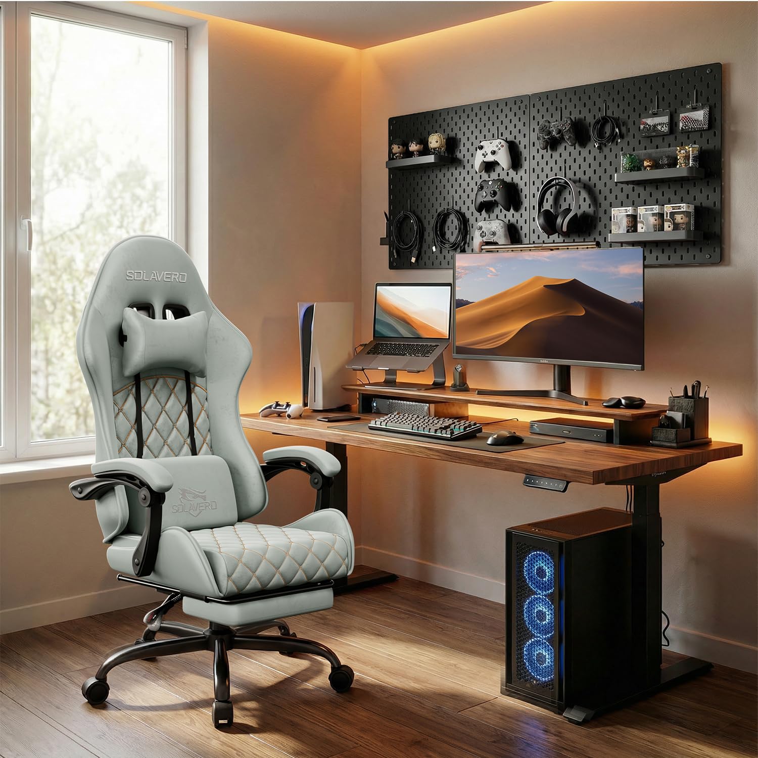 SOLAVERO Chaise Gaming en Tissu Suédine, Fauteuil Gamer Ergonomique avec Support Lombaire Massante, Siège de Bureau avec Repose-Pieds Télescopique, Charge 150kg, Bleu Clair