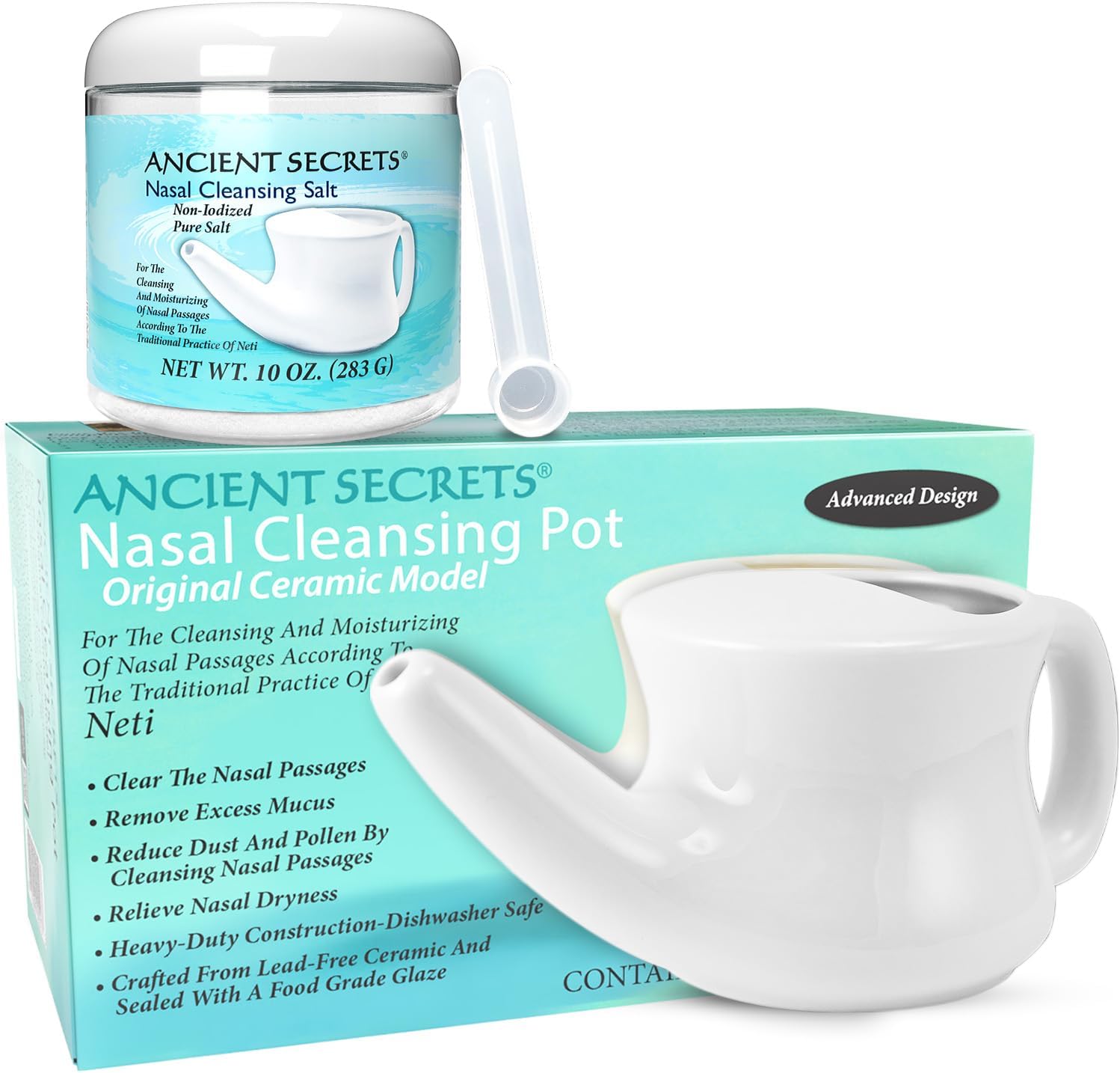 ANCIENT SECRETS Ceramic Neti Pot, Non-Iodized Cleansing Salt Included – Nasal Irrigation System, Sinus Relief, Allergy Spray Alternative, Pack of 1