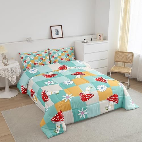 Miniatura 8 de Groovy Style - Juego de edredón de tamaño matrimonial, juego de ropa de cama vintage de los años 60 y 70 con diseño de garabatos de flores para