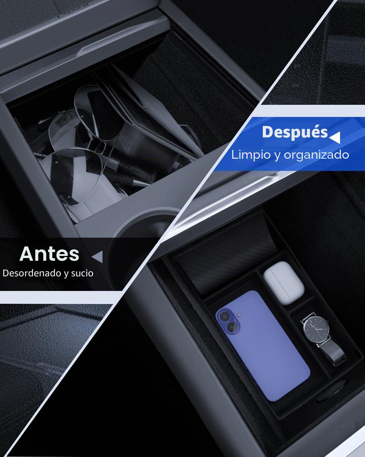 4 Piezas de Accesorios para Consola Central de Tesla Modelo Y 2025-2026 Juniper, Organizador de Silicona, Caja de Almacenamiento para Reposabrazos y Caja Oculta (Forrada)
