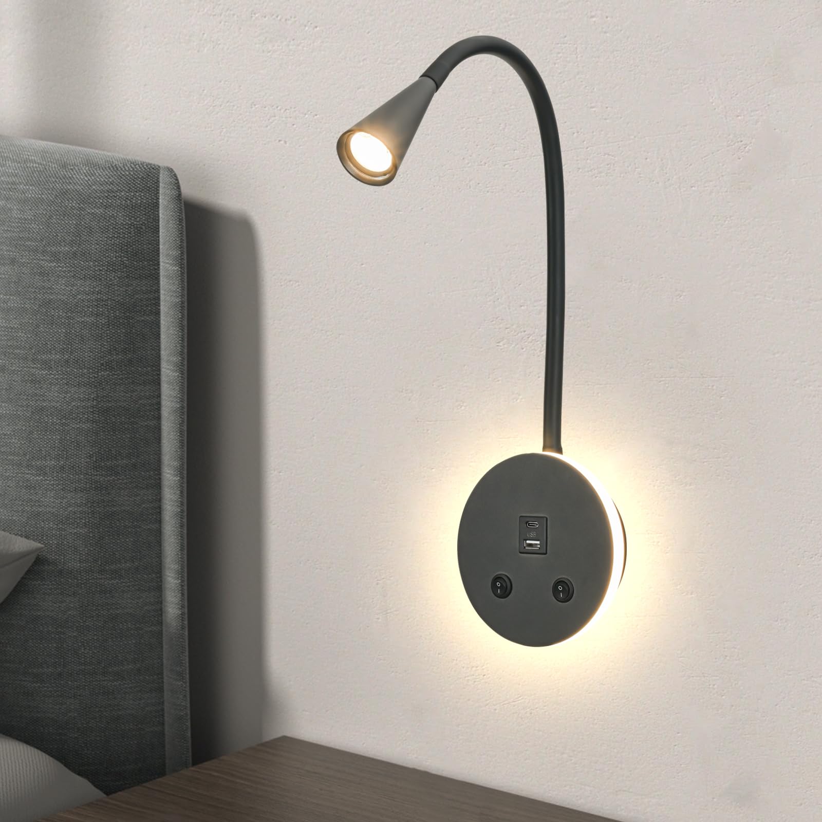 Buchlichter zum Lesen in der Nacht, LED Wandmontage-Leselicht, flexible Schwanenhals-Wandlampen für Schlafzimmer, Plug-in-Wandleuchten mit USB-Aufladung, Nachttisch-Wandleuchten, fokussierte Bettlampe