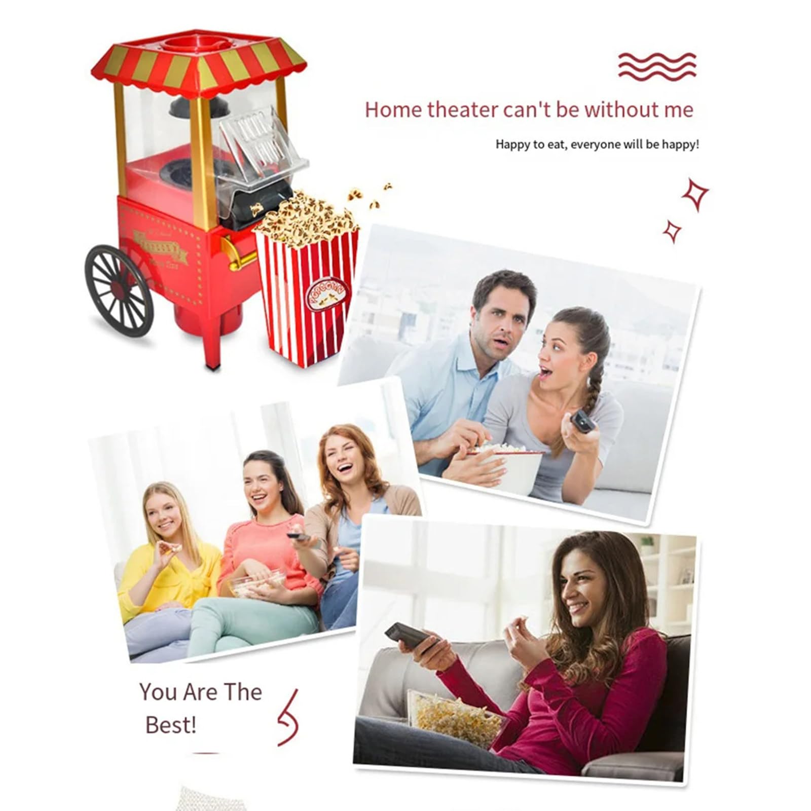 Carrello per Popcorn, Macchina per Popcorn ad Aria Calda, Macchina per Popcorn elettrica retrò, Snack sani e veloci per riunioni di Famiglia, Vacanze e Serate di Cinema
