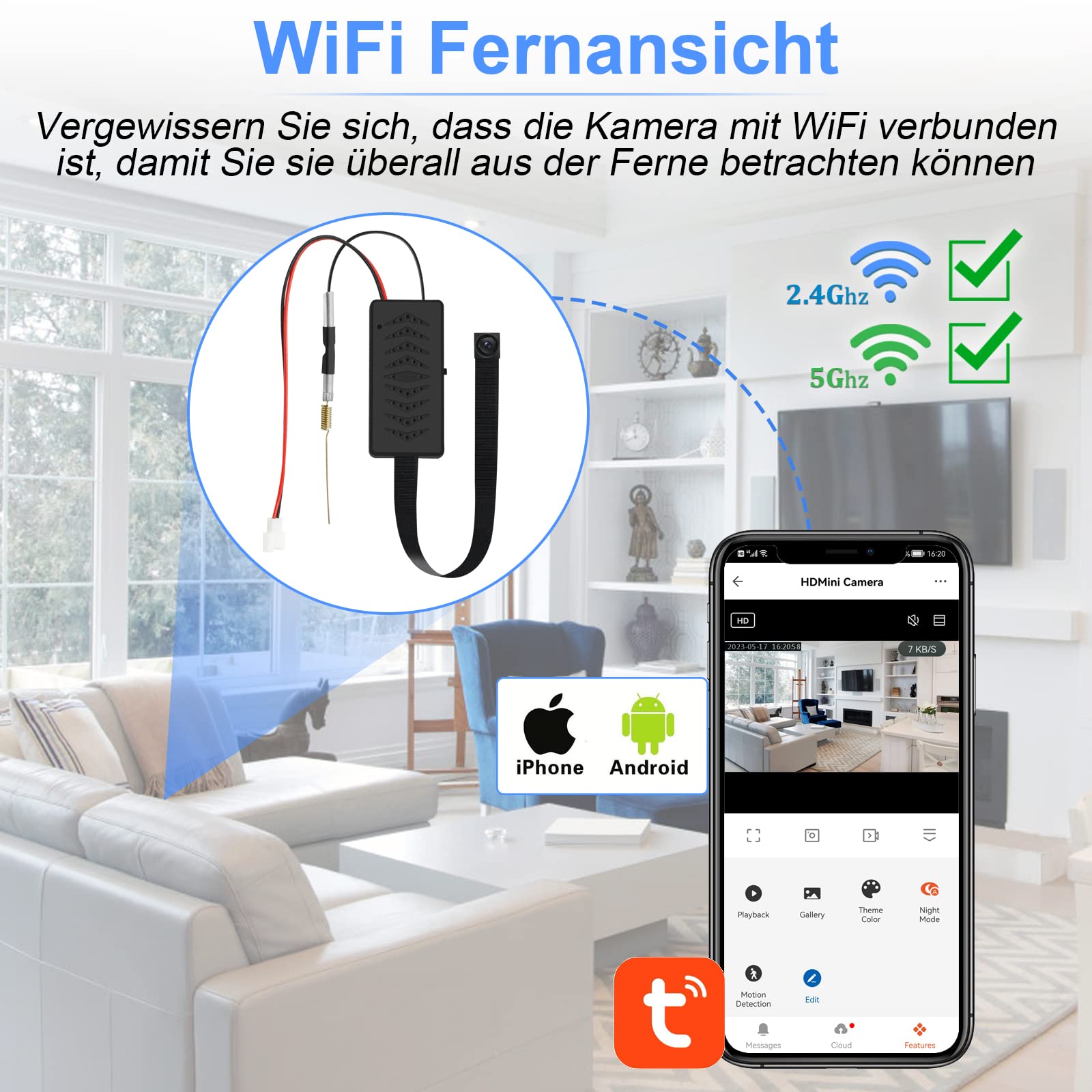 Mini Kamera WLAN, 5G/2.4G WiFi Kleine Kamera Tragbare, 1080P HD Mikro Cam Videokamera mit Bewegungsmelder Sicherheitskamera Keine Nachtsicht