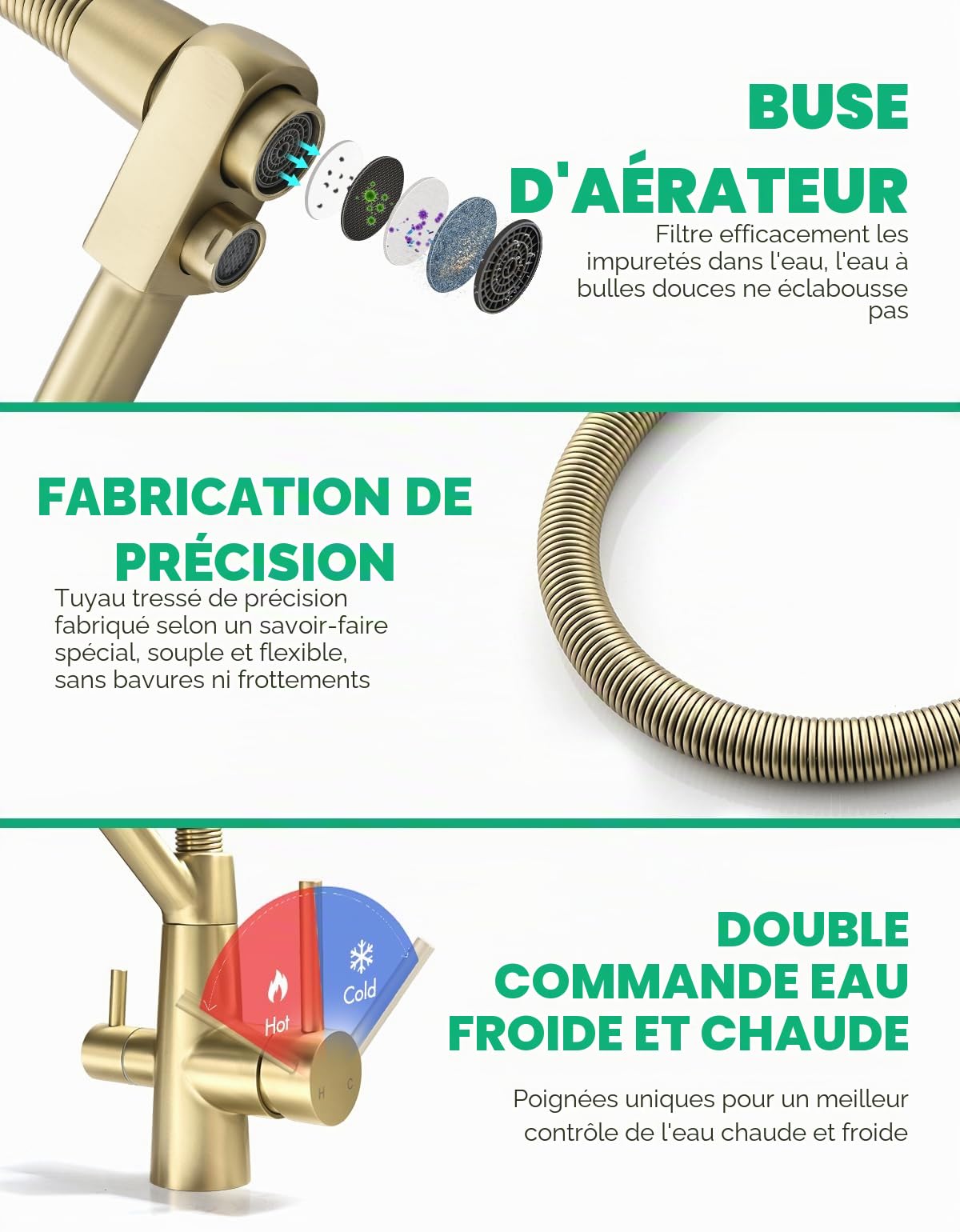 TIMACO Robinet de cuisine 3 voies en or, mitigeur de cuisine pivotant à 360°, avec robinet 3 en 1 pour filtre à eau, mitigeur à ressort spiralé pour eau potable avec double levier, haute pression, or