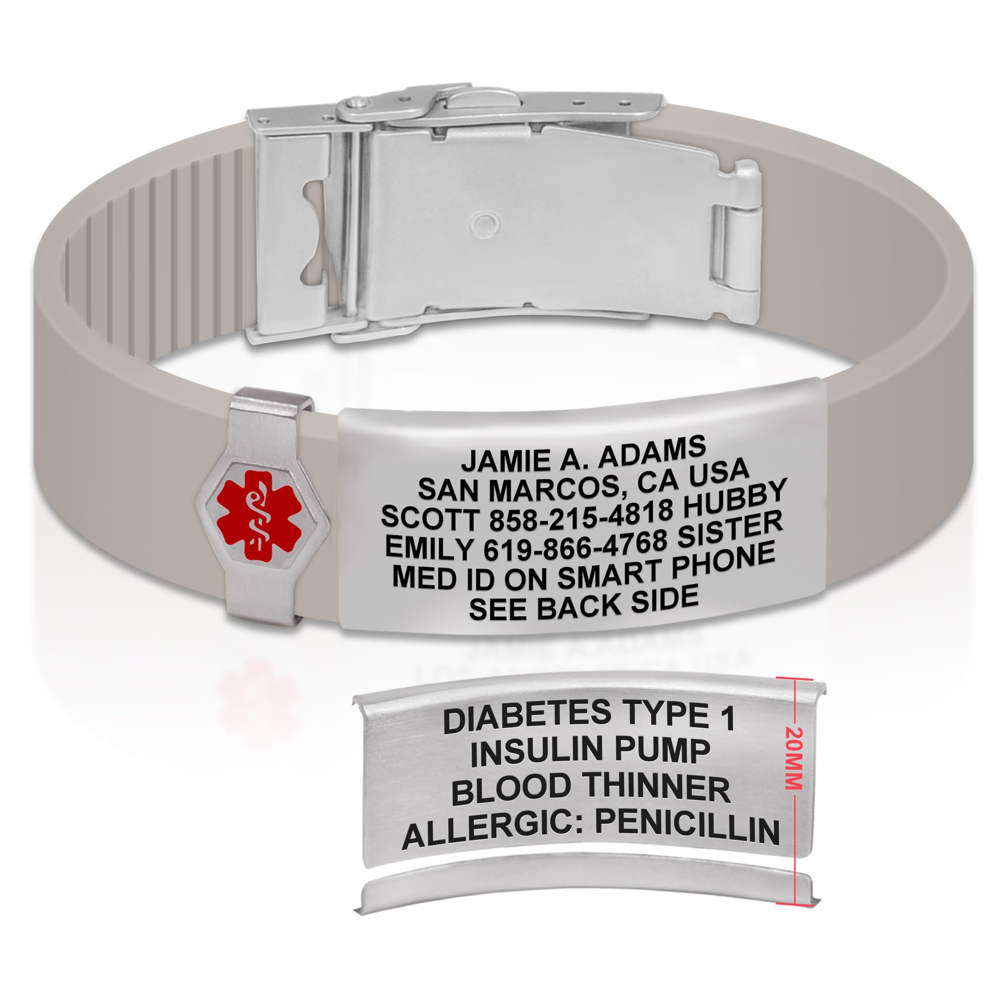 Divoti Custom Dual-Sided Engraved Silicone Medical Alert ID Wristband w/Security Clasp & Trim-to-Fit Band - Style