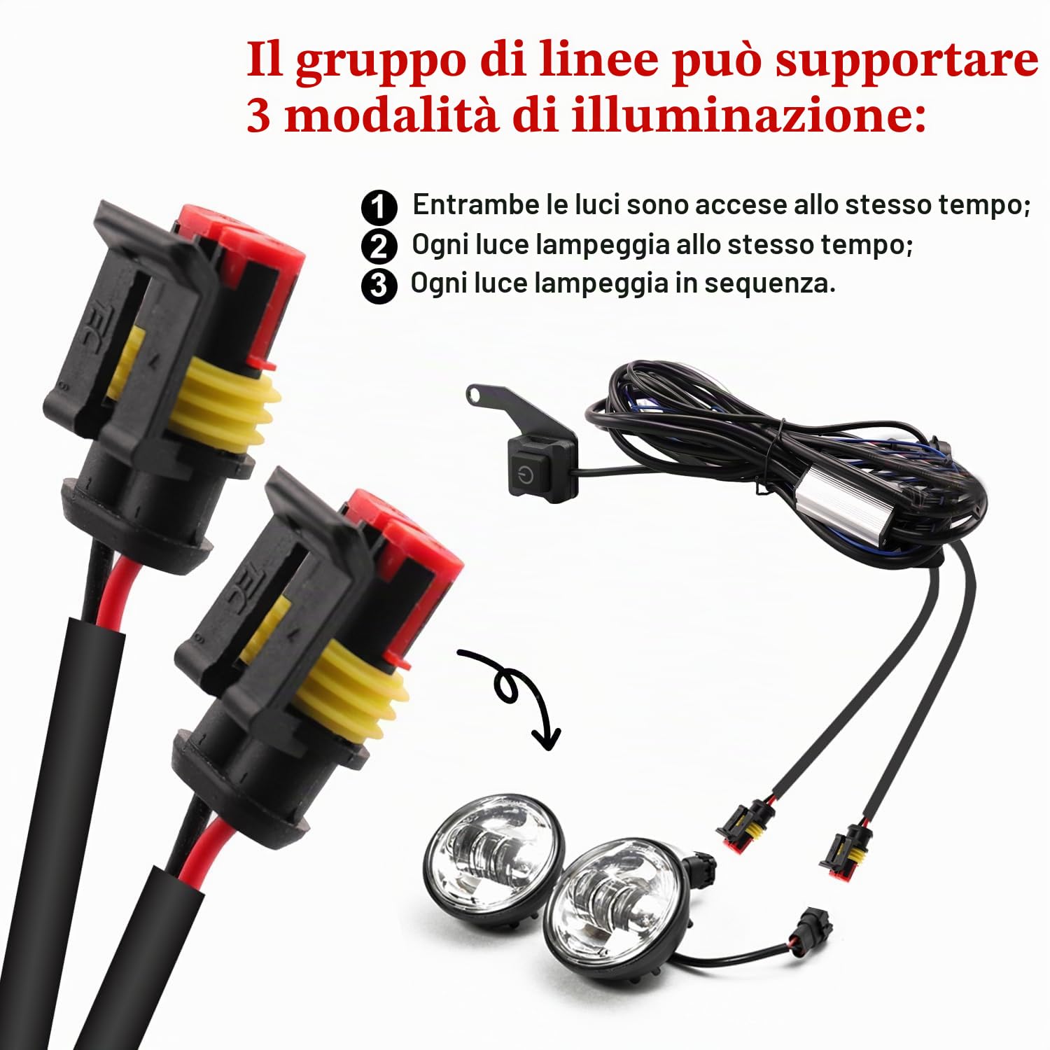 Cablaggio Barra LED Moto, 12V Controllo 2 Lampade, Fusibile 10A/15A Kit relè ON/OFF Impermeabile, per Interruttore Fendinebbia, Luce di Lavoro Aggiuntiva/Fanali Ausiliari, 1 Impostato
