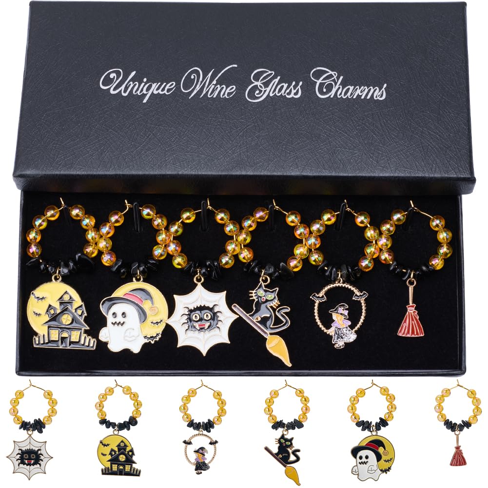 SUNNYCLUE 1 Box 6pcs Holiday Wine Charms Wine Drink Charms Halloween Cute Ghost Spider Cat Broomstick Drinker Identification Makers Ring Tag Charm for Wine Tasting Party Home Women Decorations