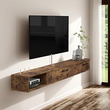Pmnianhua Farmhouse Floating TV Stand with 2 Doors,66 Under TV Shelf Floating,Wall Mounted TV Shelf,Rustic Floating TV Console for Under TVRustic Brown