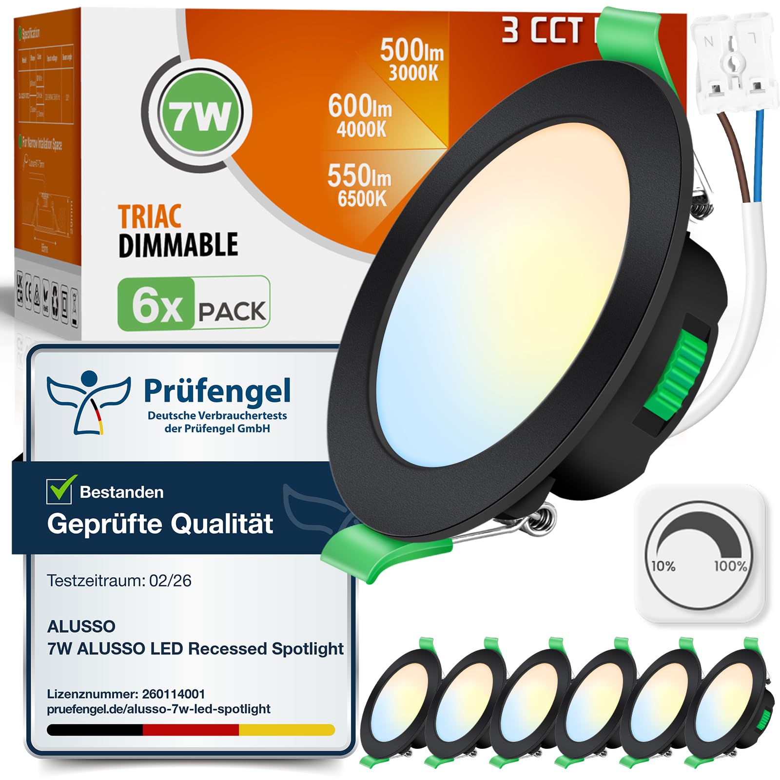ALUSSO LED Einbaustrahler 230V Schwarz Dimmbar Flach 68mm 7W IP44 LED Spots Warmweiß Neutralweiß Kaltweiß Einbauspots für Badezimmer Küche Wohnzimmer, 6er Set