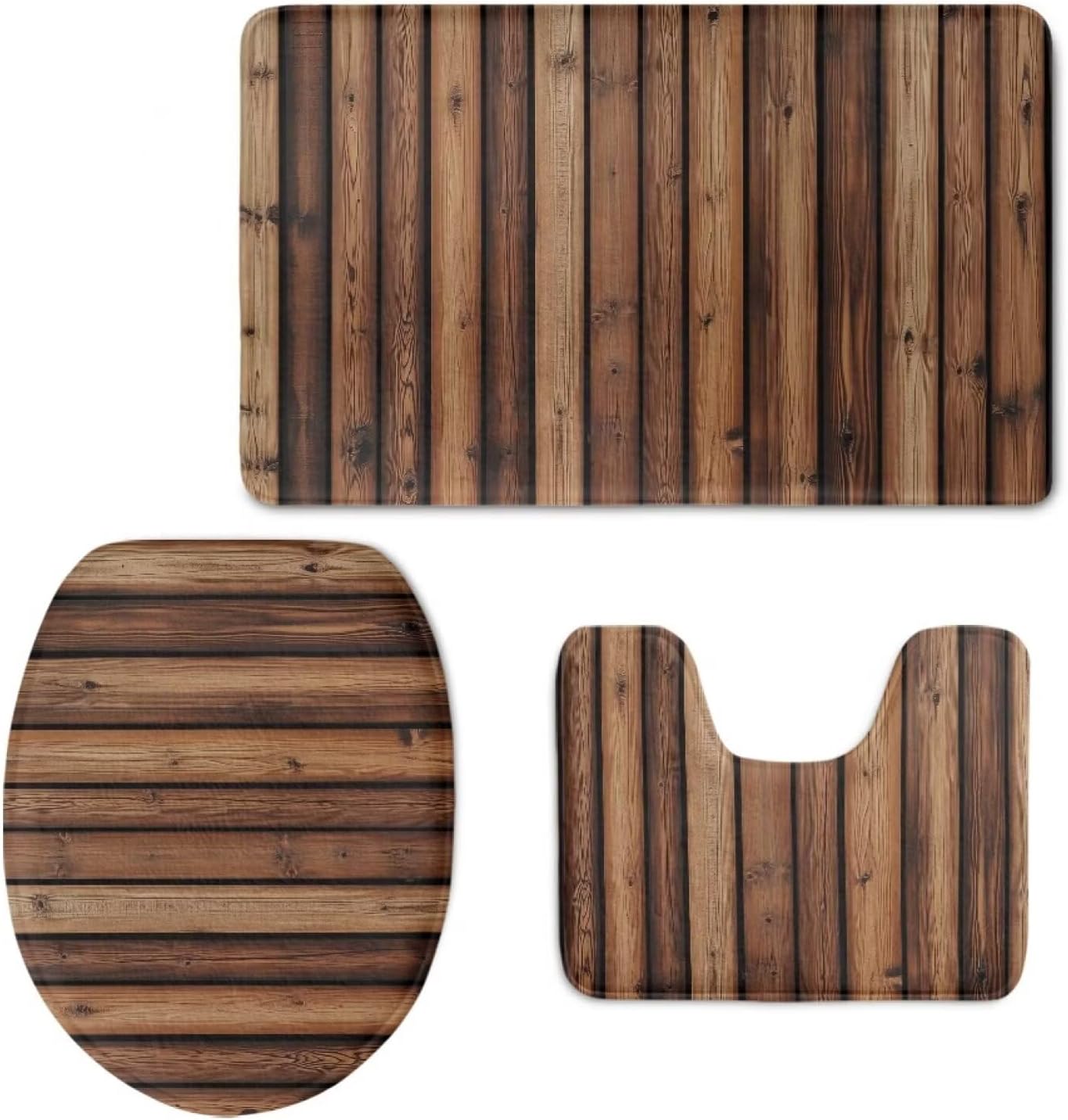 UNICEU Brown Retro Wooden Bathroom Mat Set of 3 Piece Anti-Slip U Shaped Contour and Toilet Lid Cover Bathroom Floor Mat Accessories
