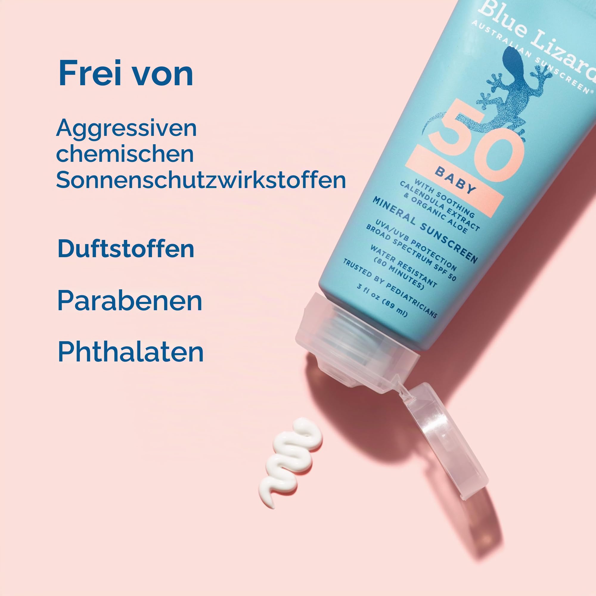 BLUE LIZARD Baby Mineral Sonnenschutz mit Zinkoxid, LSF 50+, wasserabweisend, UVA/UVB-Schutz mit Smart Cap Technologie, parfümfrei, 85 g Tube