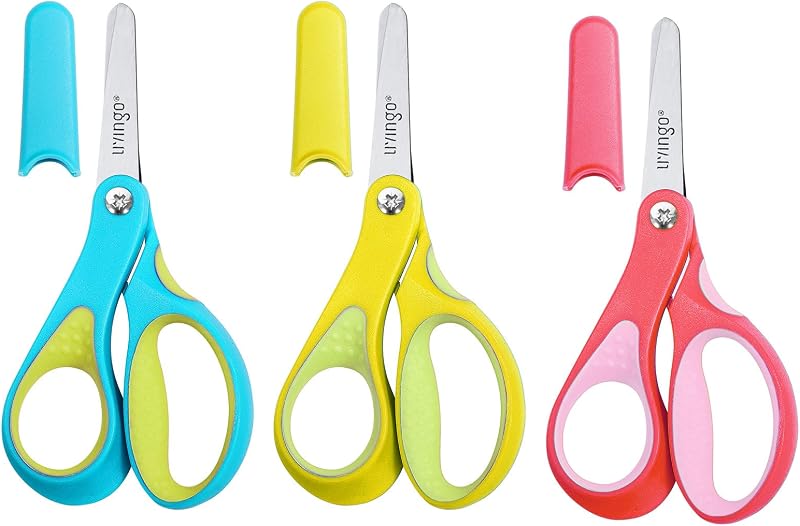 Left Handed Kids Scissors 5" Blunt Craft School Safety 3 Pack | Protective Blade Covers, Ages 4+, Lefty Handle Design, Comfortable Grip, Preschool Craft Activities