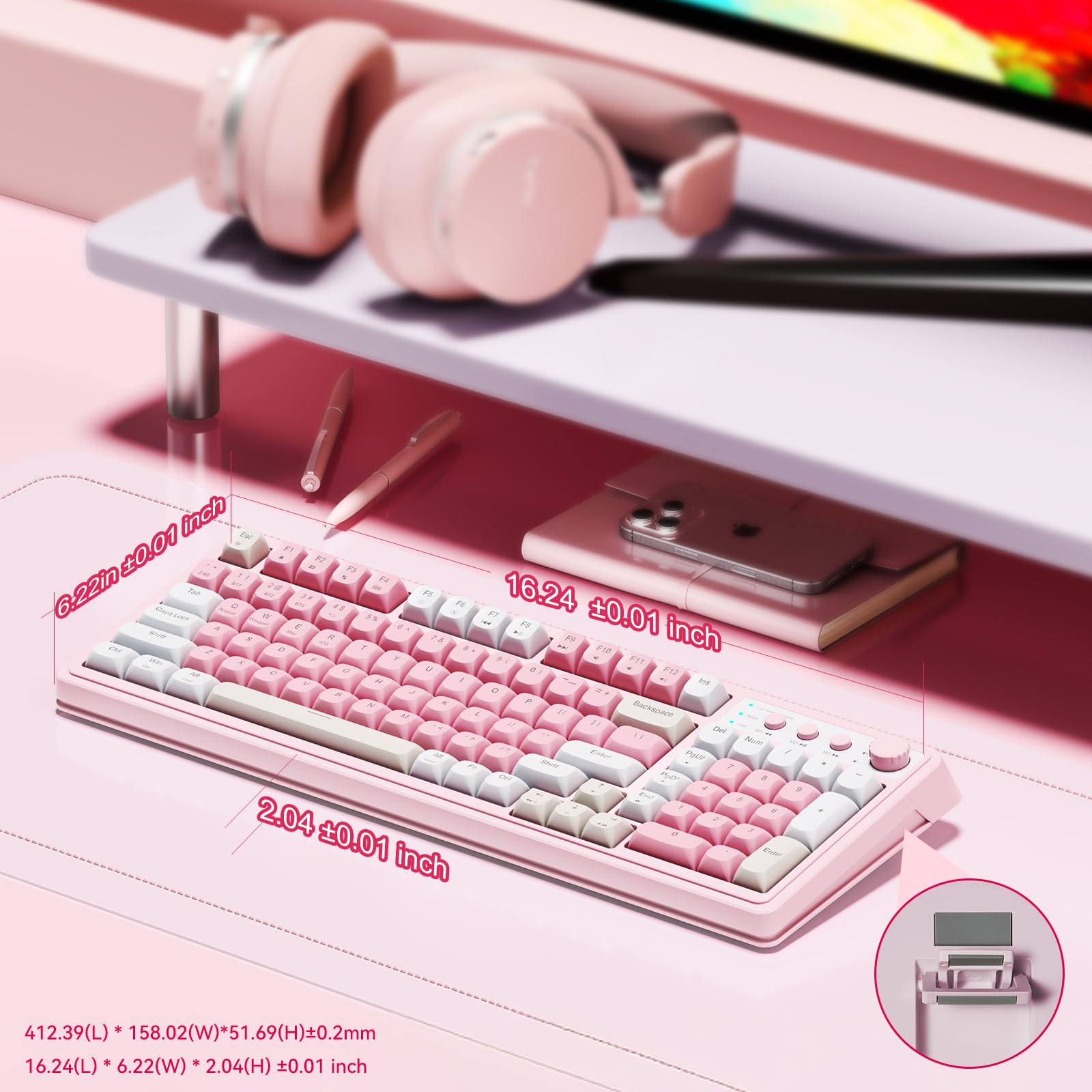 AULA 99 Key Keyboard, Wireless Gaming Keyboard Bluetooth Computer Keyboards Creamy Cute with Number Pad RGB Backlit Tri-Mode BT/2.4GHz/USB-C - Pink - 5