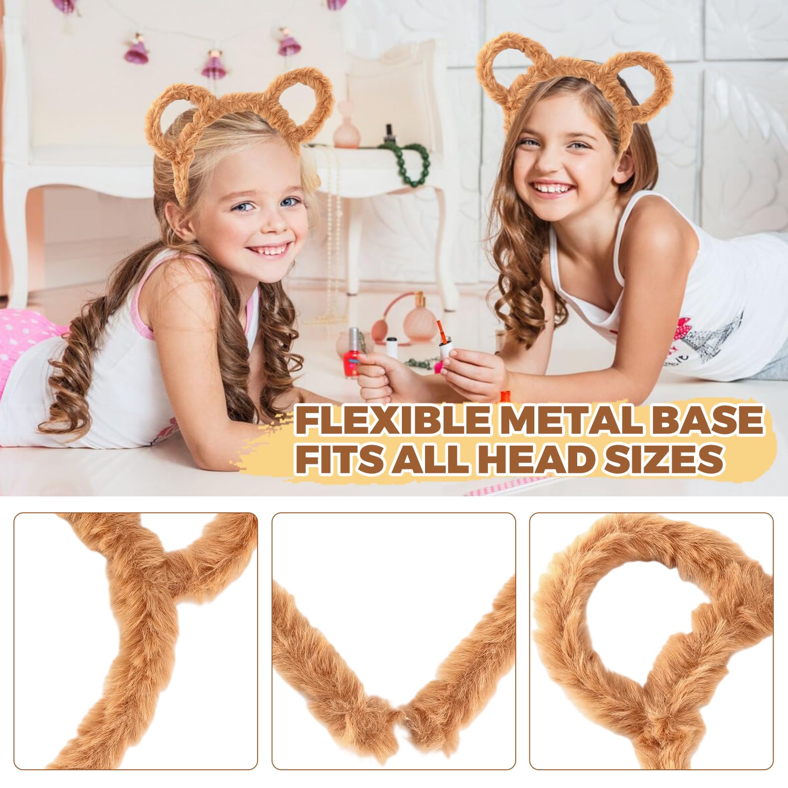 TAGMEIU 8 Pcs Brown Bear Ears Headband, Plush Animal Ears Hair Band with Flexible Metal Hoop - Image 3