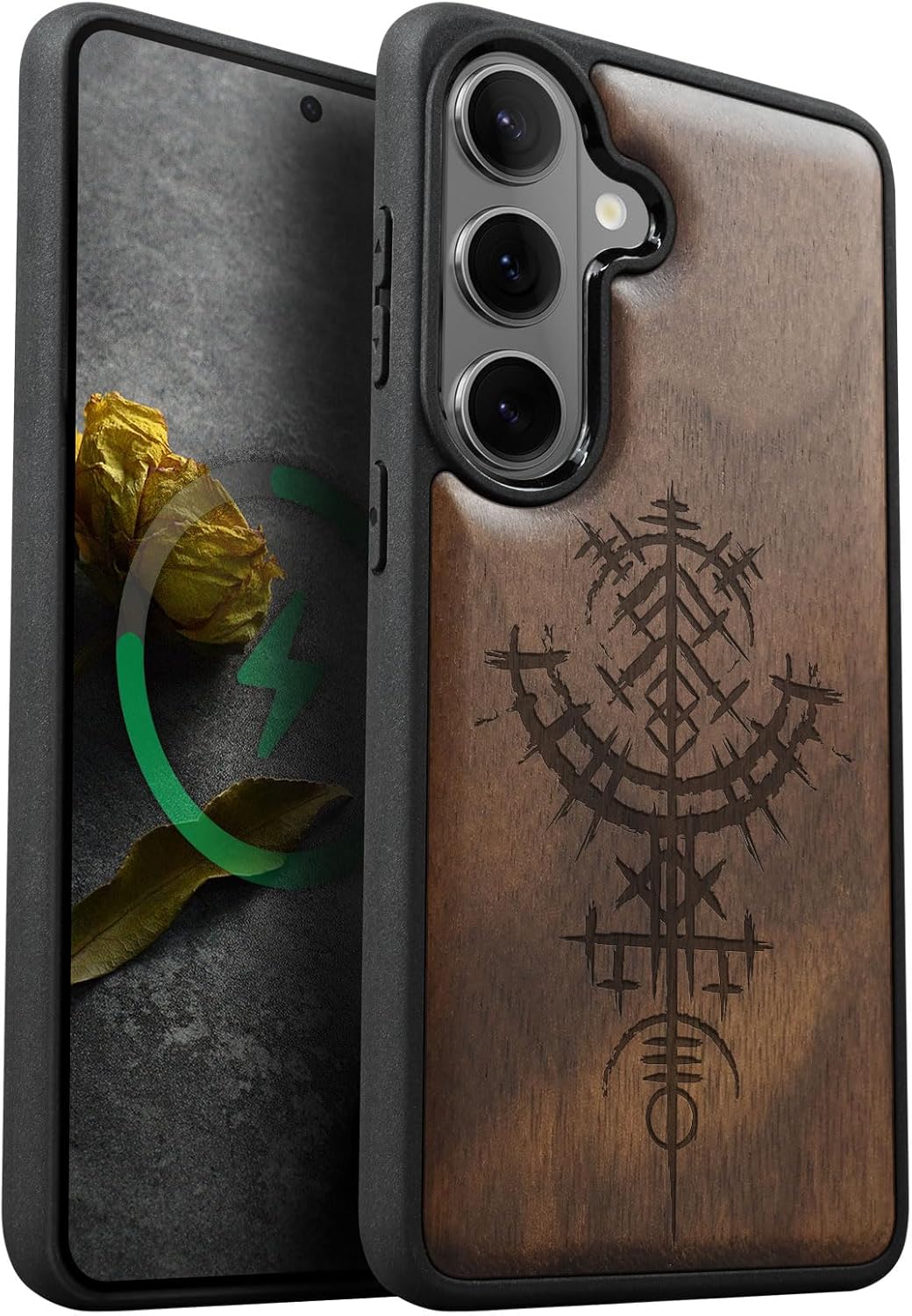 Carveit Magnetic Wooden Case for Galaxy S26+ Samsung S26 Plus Case, TPU Shockproof Cover & Wood Engraved, Compatible with MagSafe Wireless Chargers (Viking Symbols) Walnut