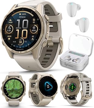 Garmin Fenix 8 43 mm Sapphire, AMOLED Multisport GPS Smartwatch, Soft Gold with Fog Gray/Dark Sandstone Silicone Band, Built-in LED Flashlight White Earbuds Bundle
