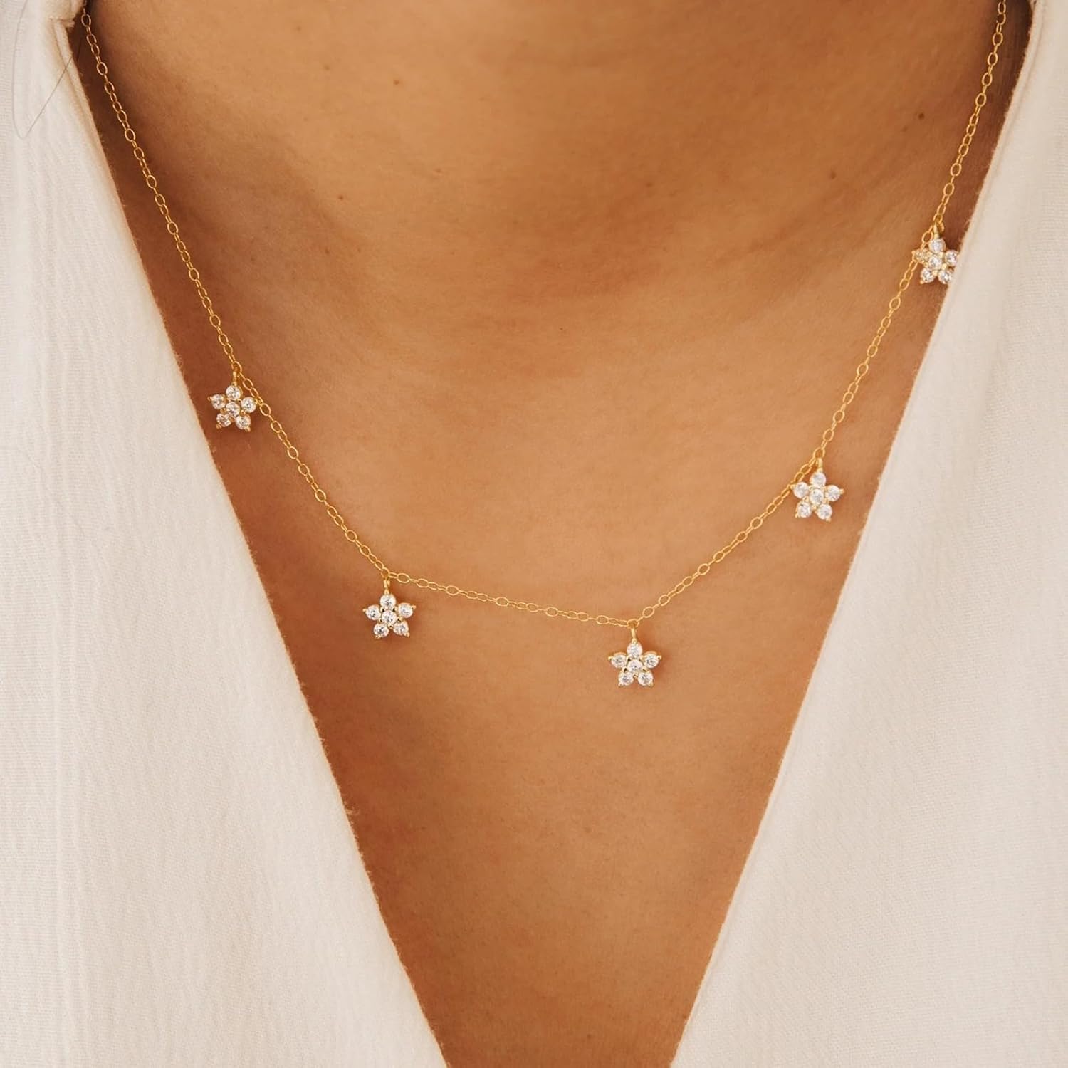 Dainty Cubic Zirconia Flower Charm Necklaces for Women 925 Sterling Silver 14K Gold Plated Leaf Pendant Choker Necklace Wedding Jewelry Birthday Mothers Day Gifts