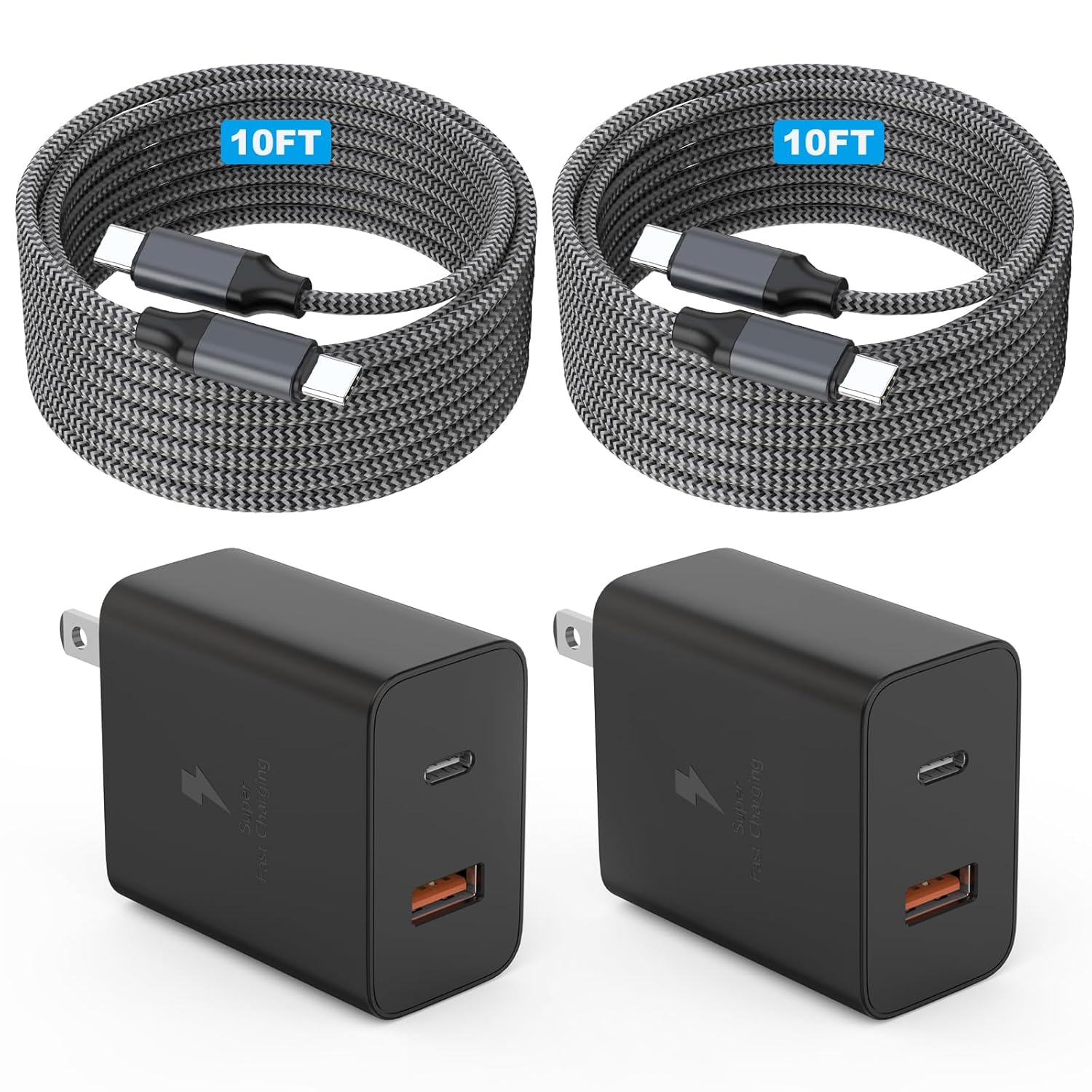 Extra Long 10Foot 45W Samsung USB C Fast Charger Block Dual Port PD Power Adapter Fast Charging Block,2Pack 10FT Type C Super Quick Charging Cord for Samsung Galaxy S25 Ultra/S25/S24/S23/S22 and More