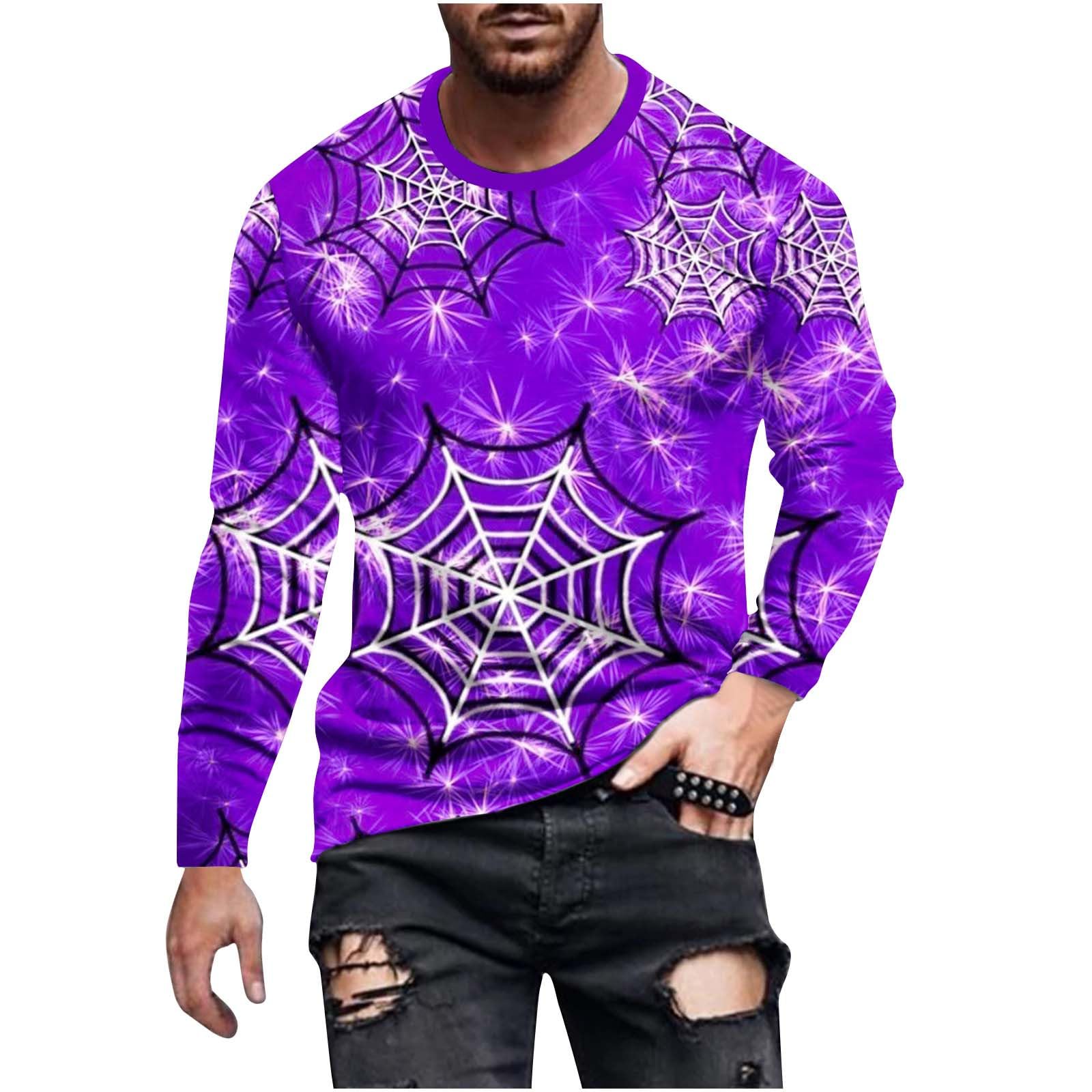 CambkatlMen's 2023 Fashion Halloween T-Shirts 3D Spider Web Printed Long Sleeve Crewneck Pullover Casual Workout Gym Tops