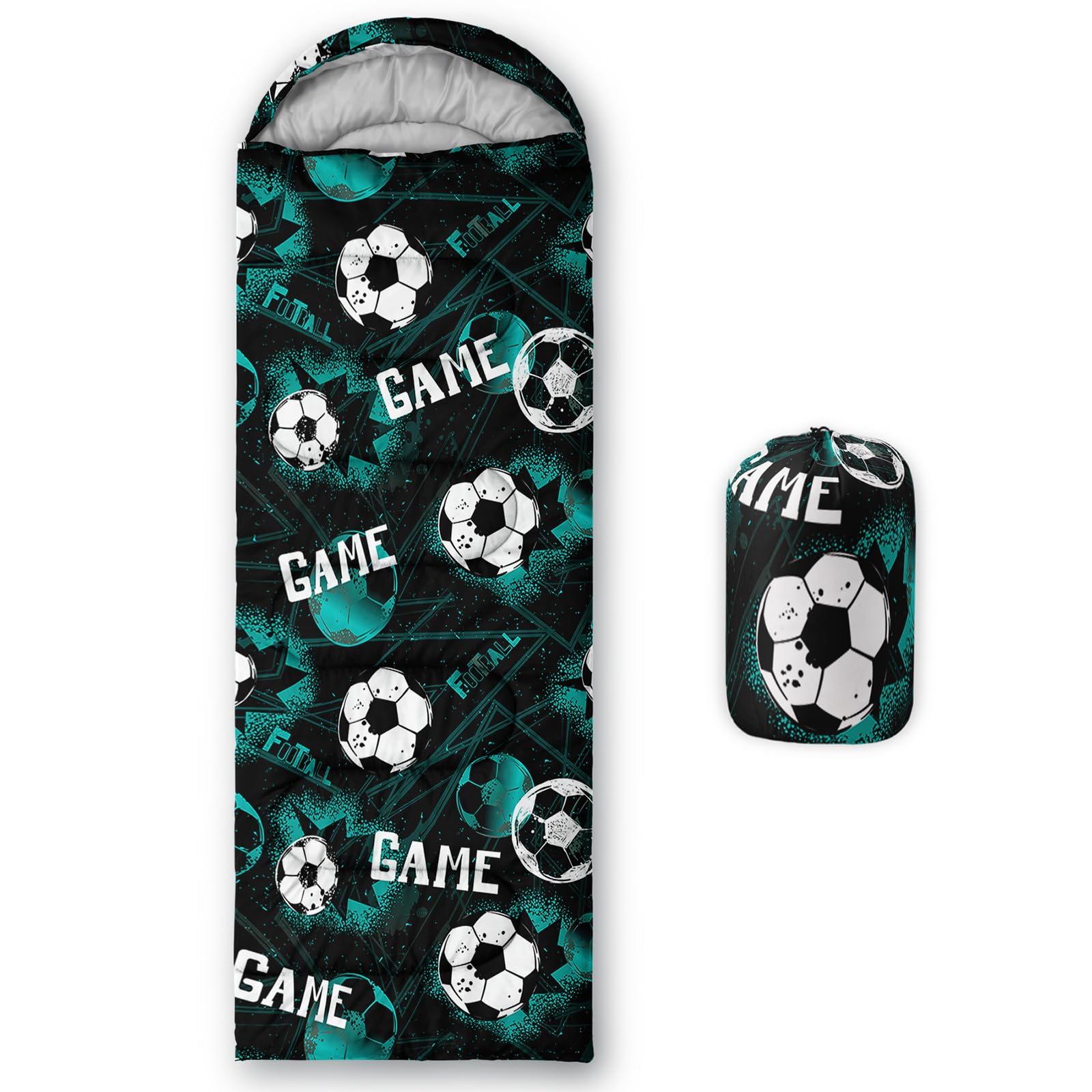 QOOMO Cartoon Soccer Waterproof Sleeping Bags for Adults & Kids, Game Printed Camping Sleeping Bags, 3 Season Warm & Cool Weather,Lightweight,Traveling,and Outdoors,Camping Gear Equipment,31x90inch