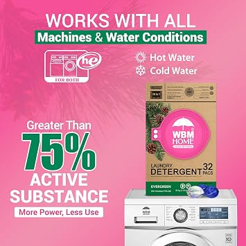 WBM Laundry Detergent Pods - Ultra-Concentrated, Hypoallergenic, Stain-Fighting, Evergreen Scent, 32-Pack, Recyclable Packaging for Eco-Friendly Cleaning