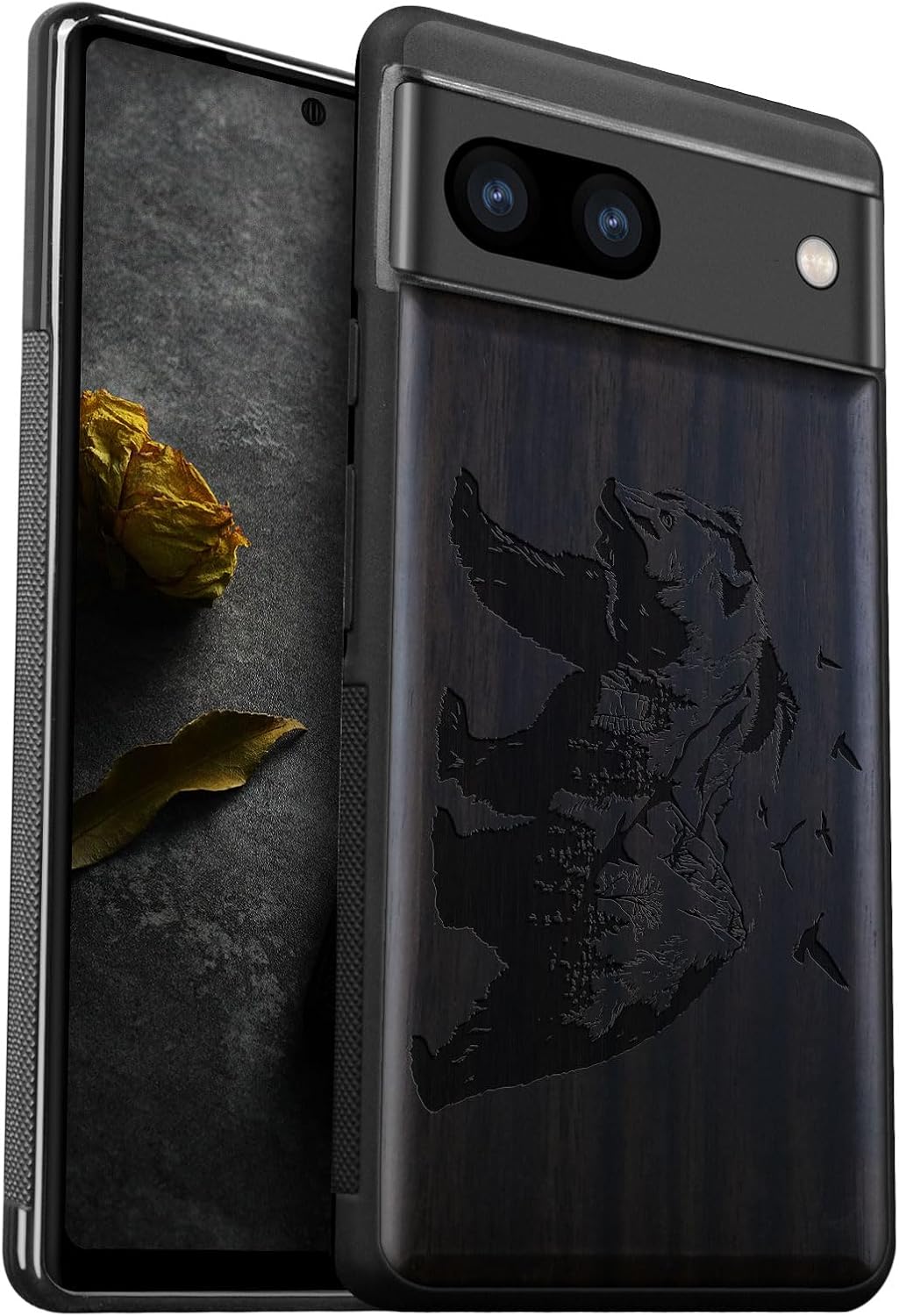 Carveit Wood Case for Pixel 8a Case [Natural Wood & Black Soft TPU] Shockproof Protective Unique Wooden Cover Compatible with Google Pixel 8a (Bear and Valleys-Rosy)
