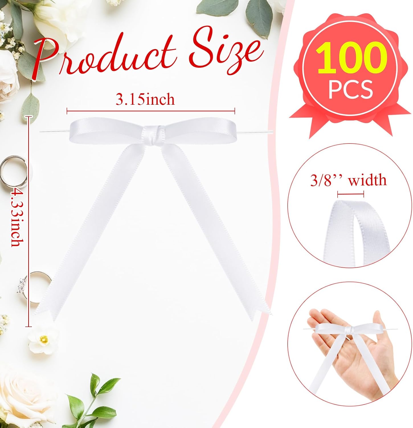 Riceshoot 100 Pcs Twist Tie Bows for Cake 3 x 4.3 Inch Satin Ribbon Bulk Pre Made Bows for Wrapping Gift Treat Bags DIY Craft Valentine Wedding Baby Shower Birthday Party Decor(White) - Image 2