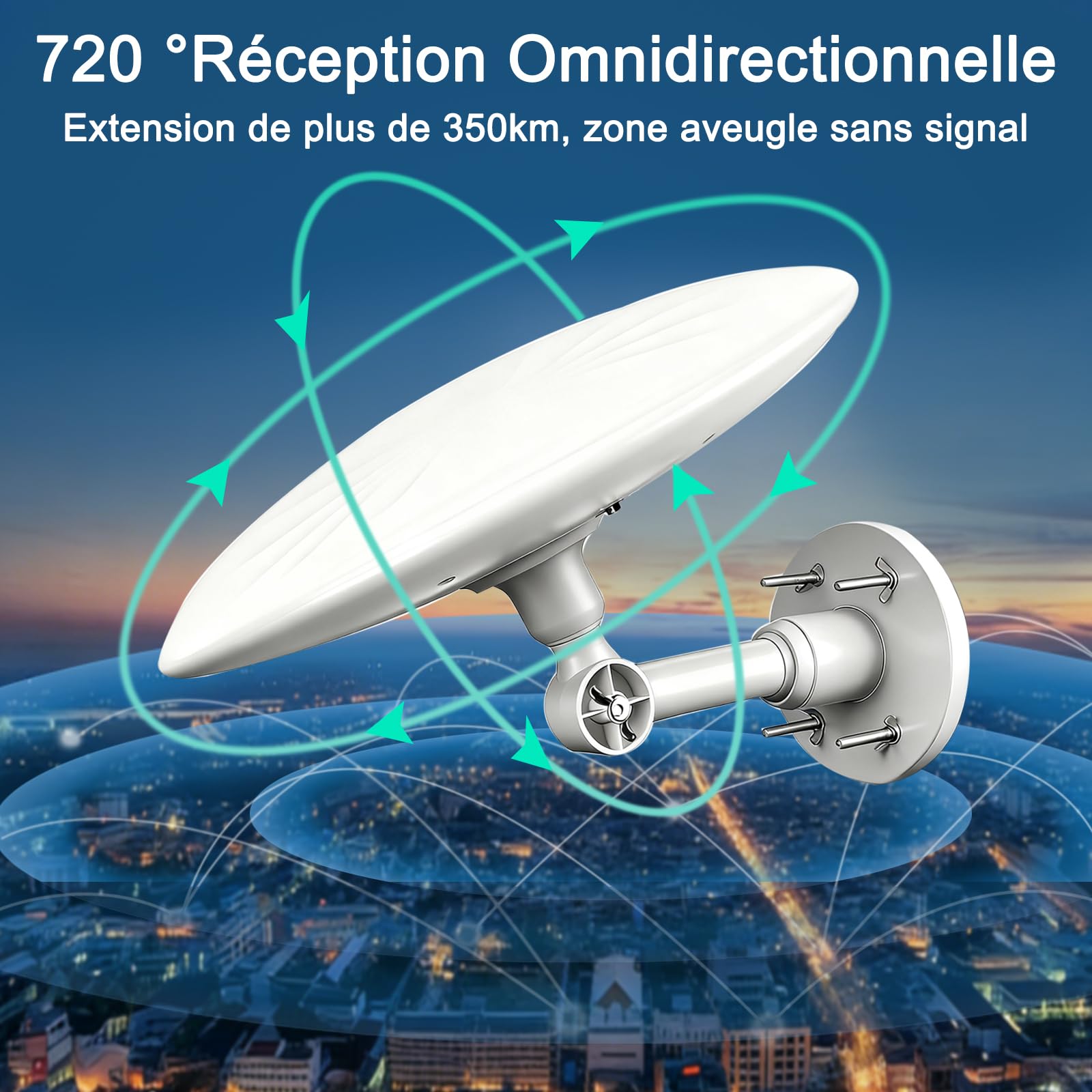 Antenne TV Exterieure Puissante DVB-T/DVB-T2, Réception Omnidirectionnelle 720° Antenne TNT Exterieur, pour Camping Car, Caravane, Fourgon, Van, Camion, Bateau (White -exterieure1)
